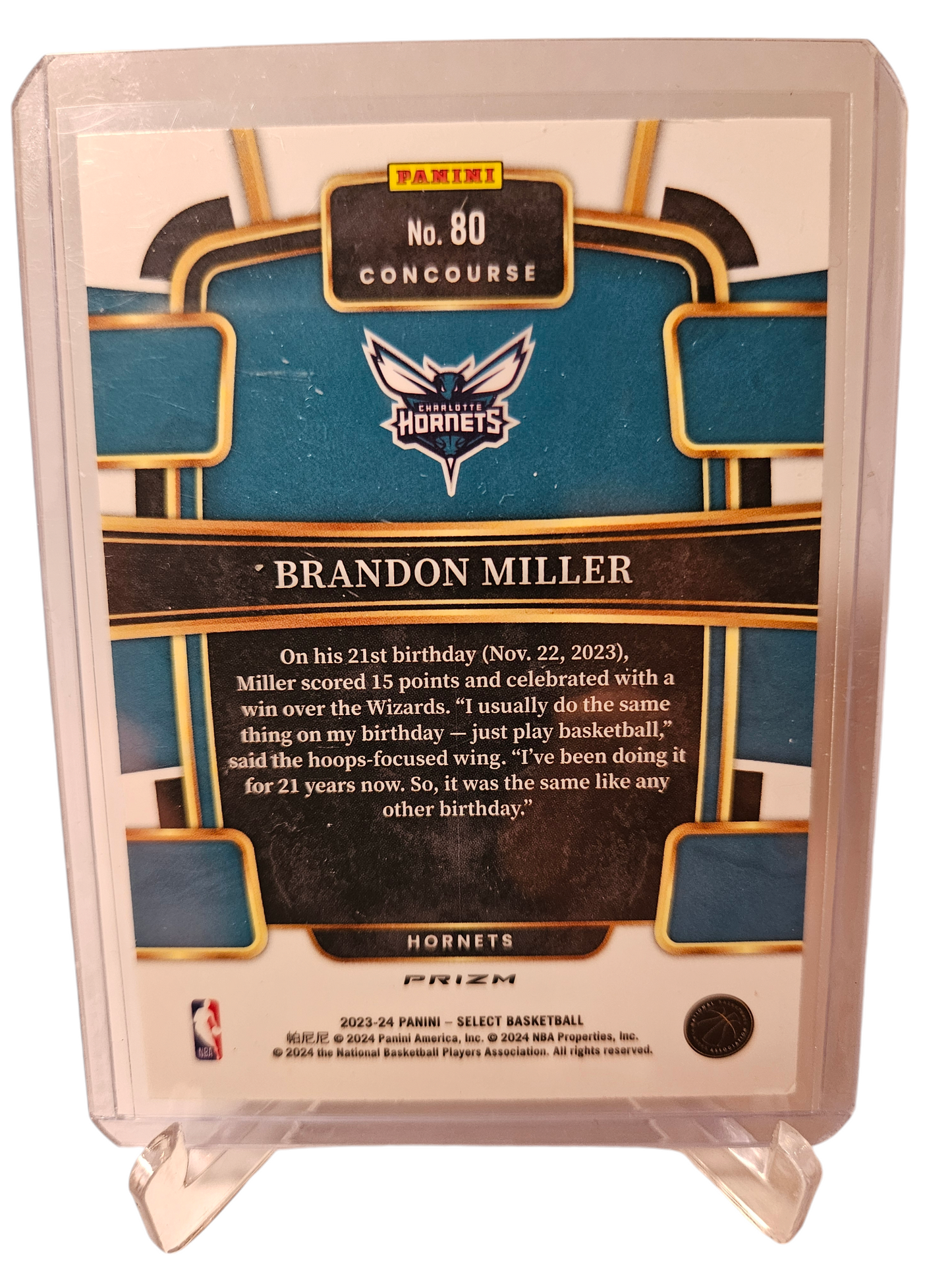 2023-24 Panini Select #80 Brandon Miller Rookie Card Tri Color Wave Prizm