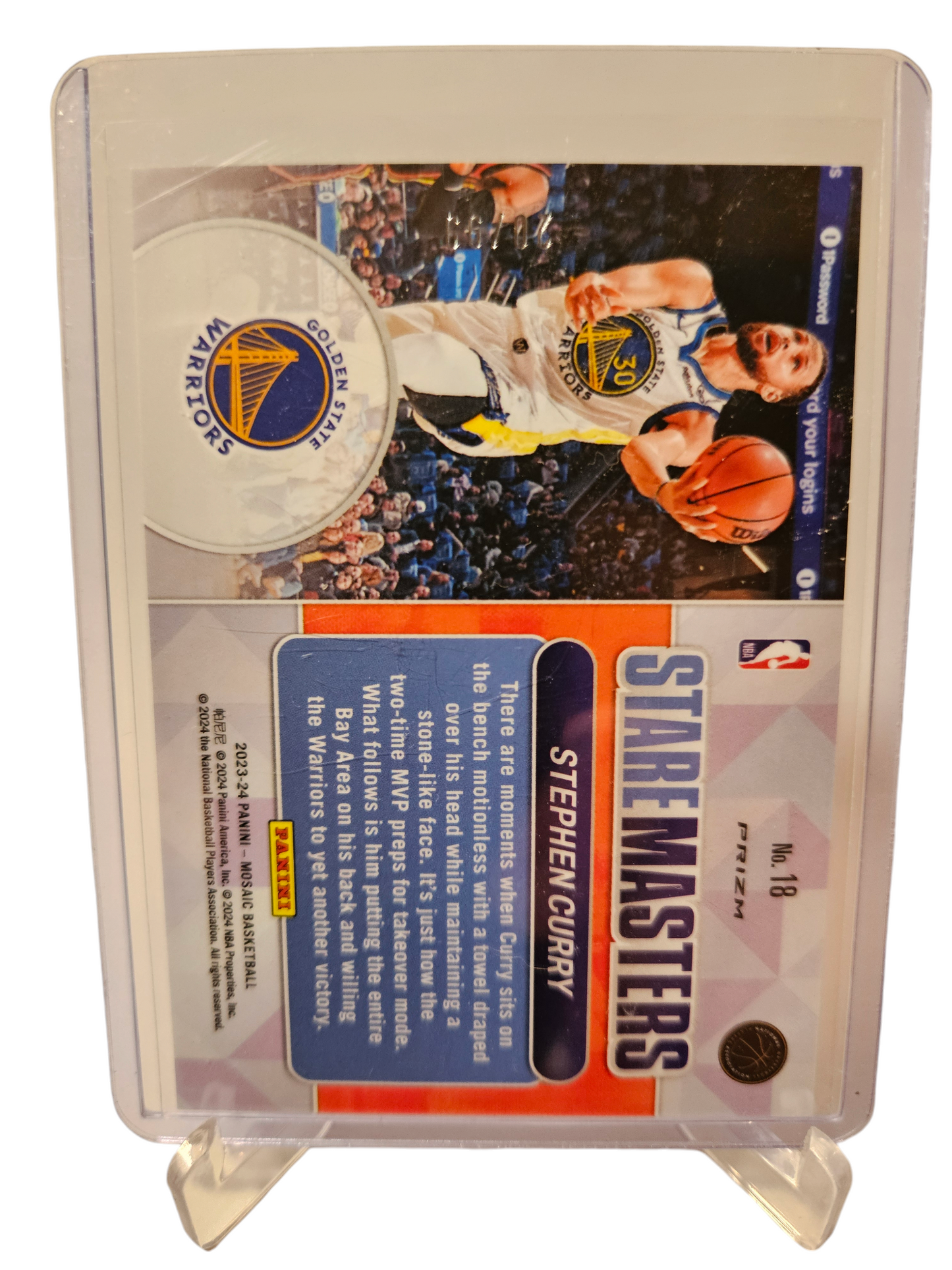 2023-24 Panini Mosaic #18 Stephen Curry Stare Masters Mosaic Prizm Purple 20/99