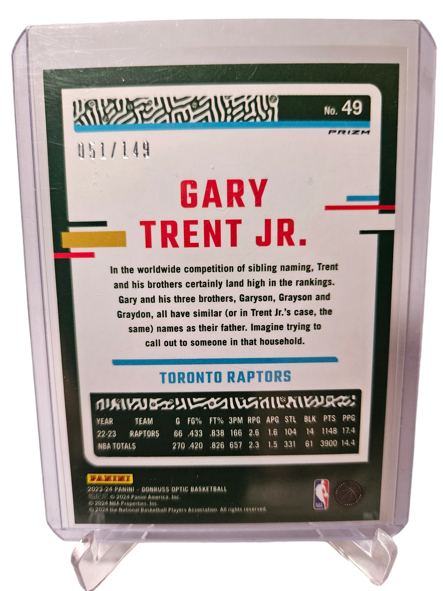 2023-24 Panini Donruss Optic #49 Gary Trent Junior Lime Green Holo Prizm 051/149