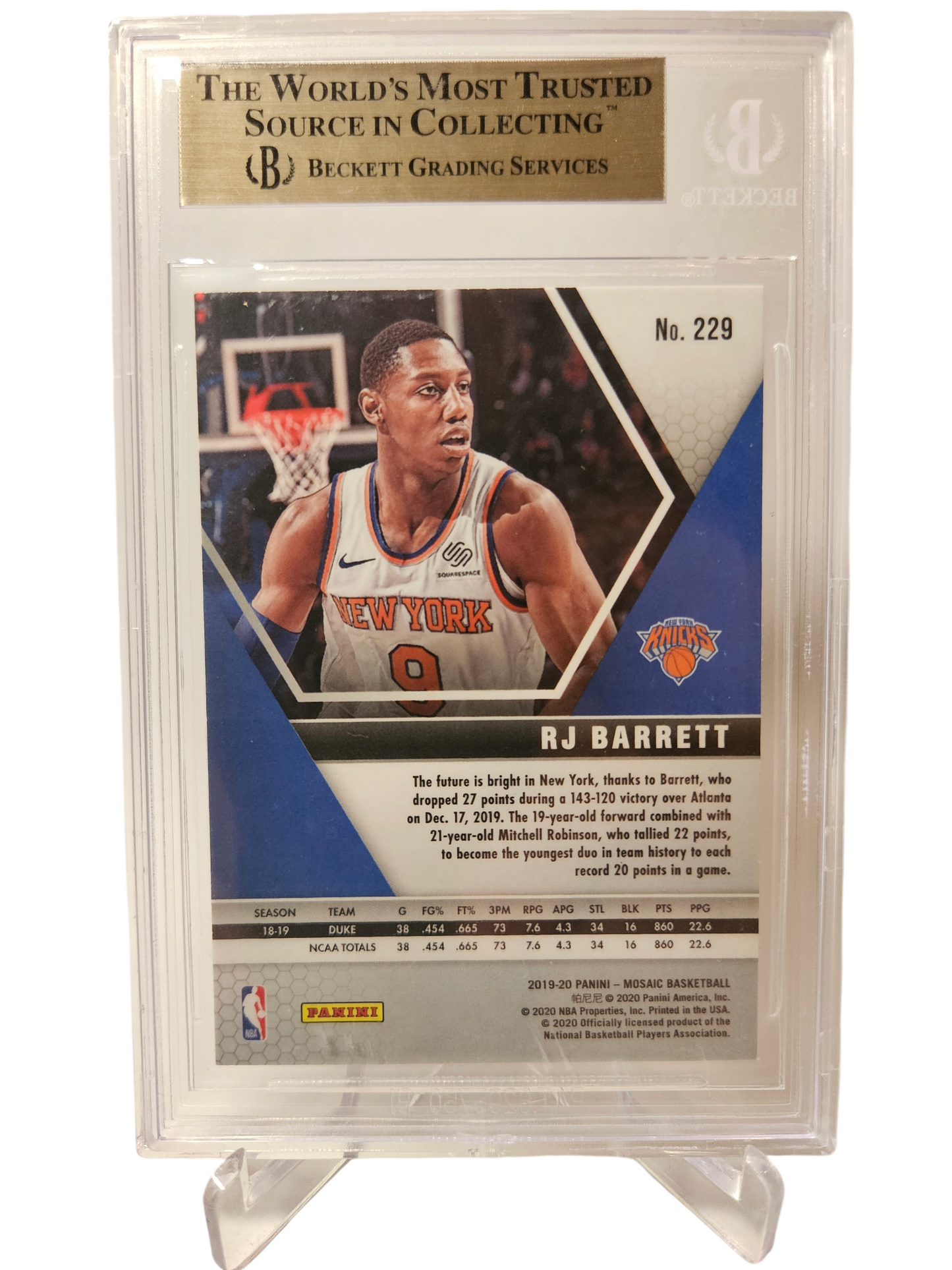 2019-20 Panini Mosaic #229 RJ Barrett Rookie Card BGS9.5 Gem Mint