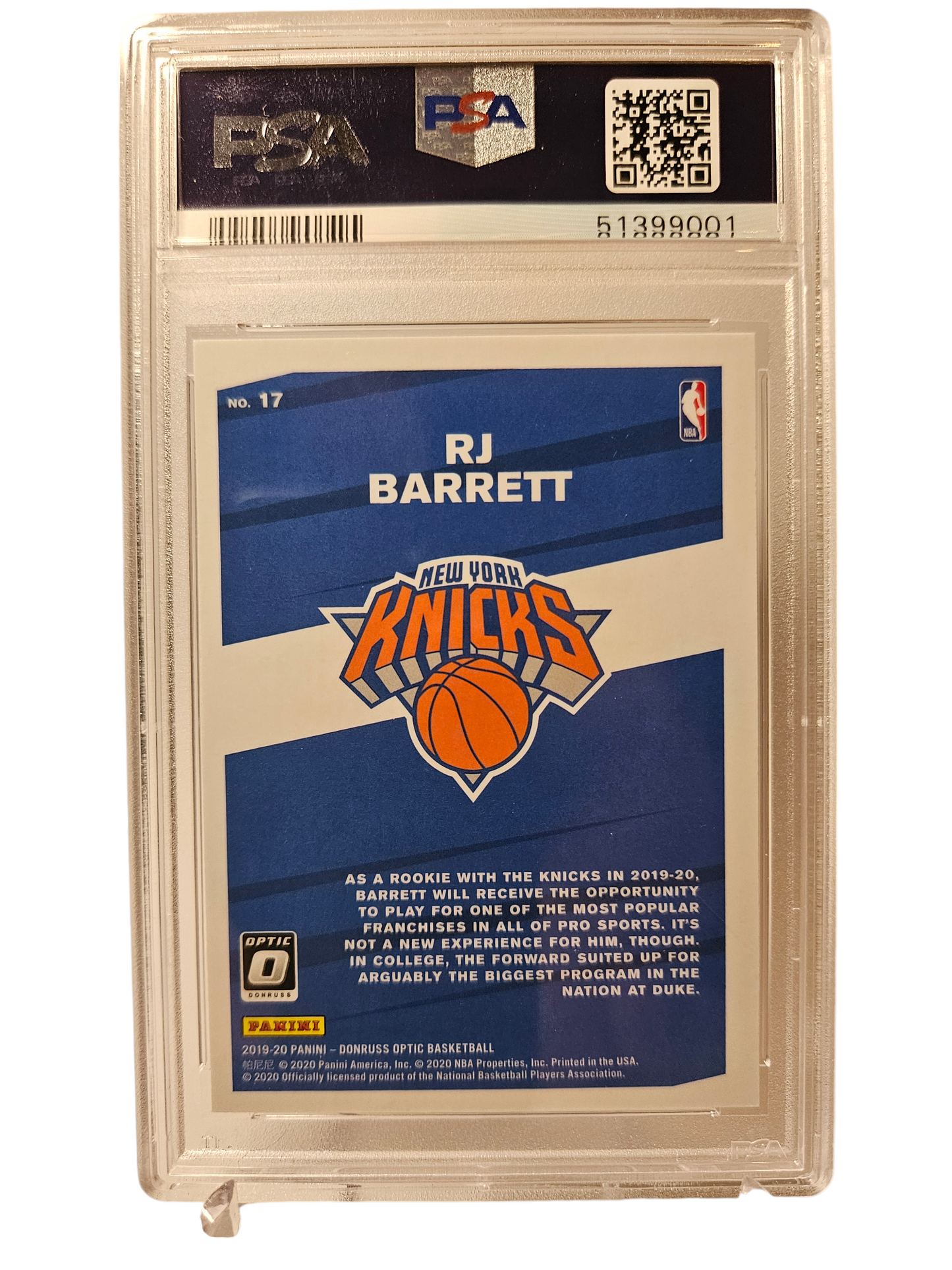 2019-20 Panini Donruss Optic #17 RJ Barrett Rookie Card My House PSA9 Mint