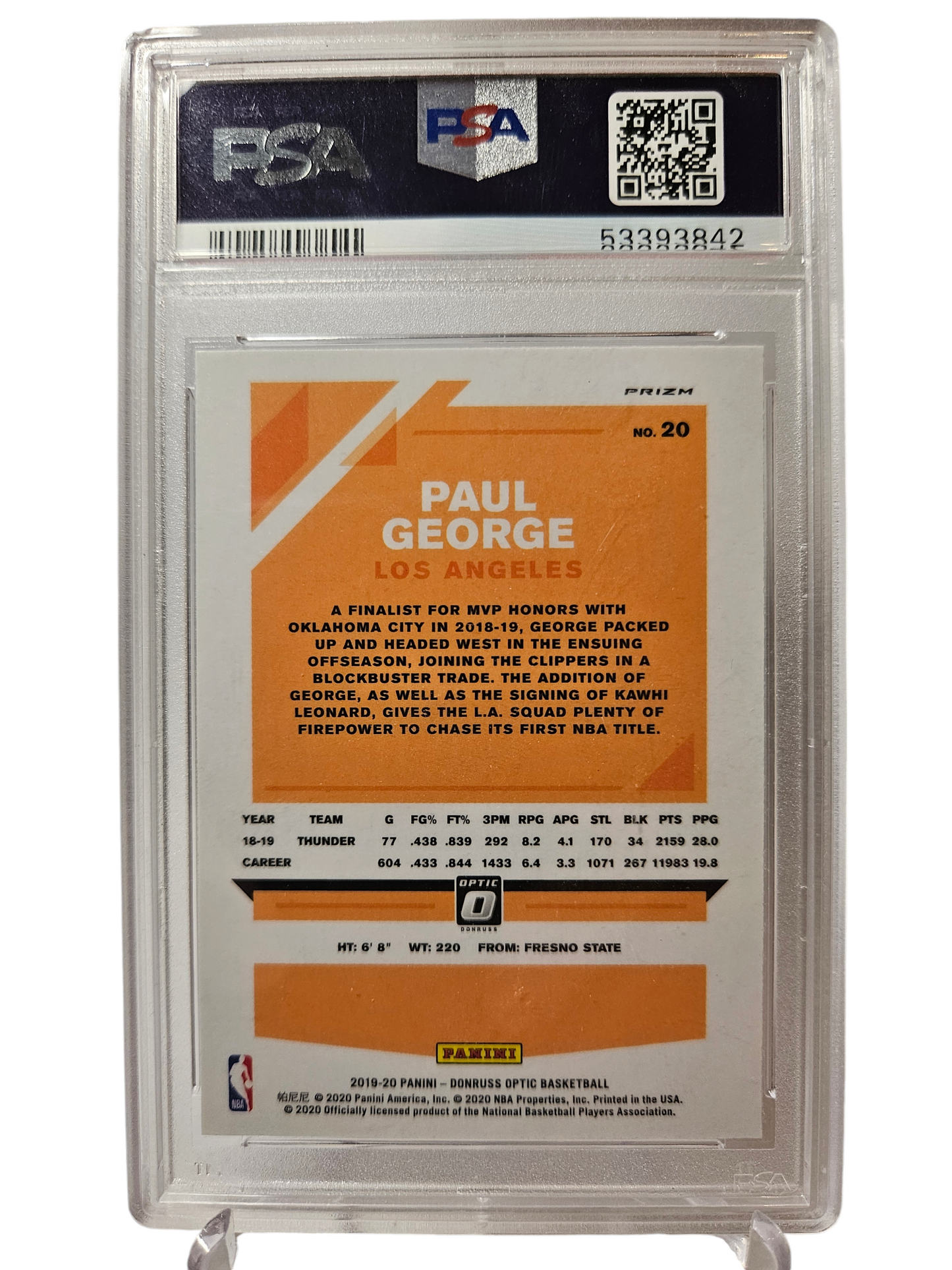 2019-20 Panini Donruss Optic #20 Paul George Red Wave Prizm PSA8 NM-MT