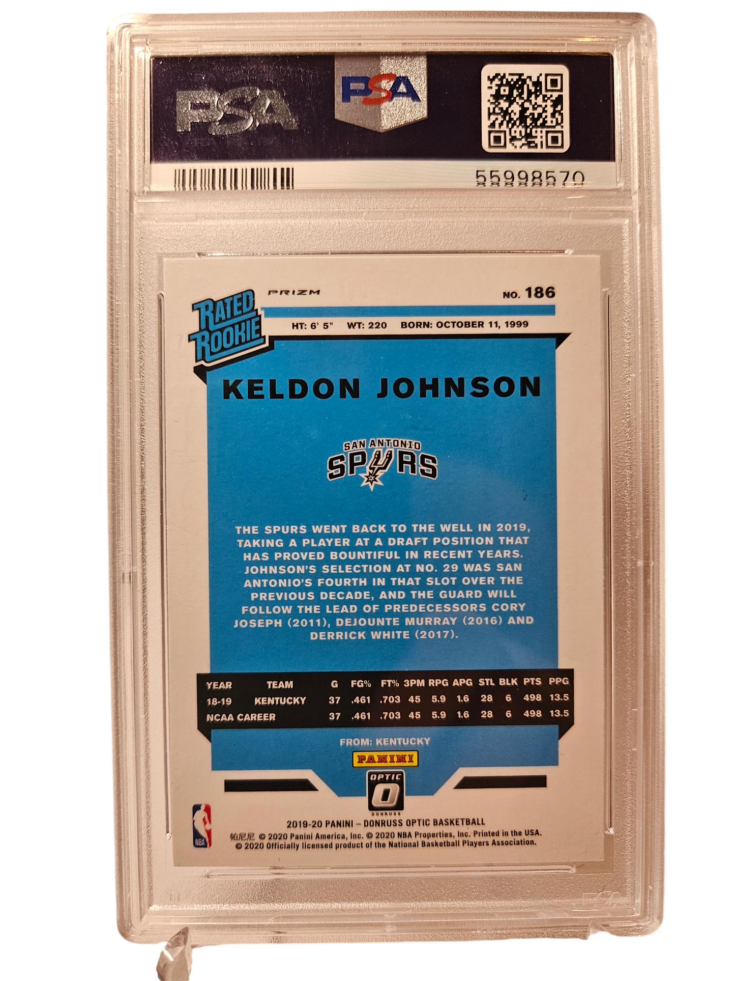 2019-20 Panini Donruss Optic #186 Keldon Johnson Rookie Card Rated Rookie Silver Holo PSA9 Mint