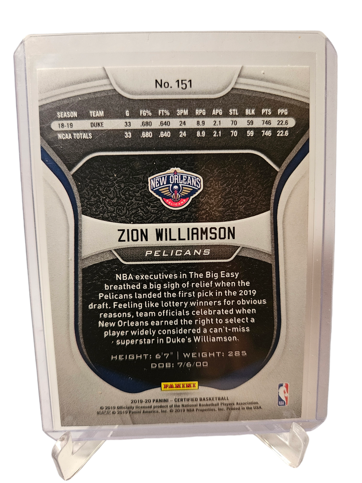 2019-20 Panini Certified #151 Zion Williamson Rookie Card