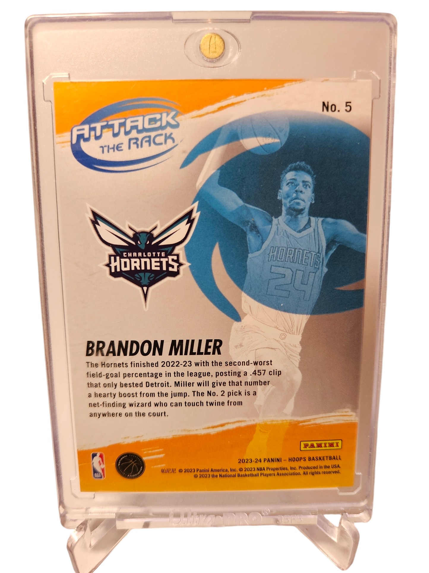 2023-24 Panini Hoops #5 Brandon Miller Rookie Card Attack The Rack Holo Artist Proof 04/25