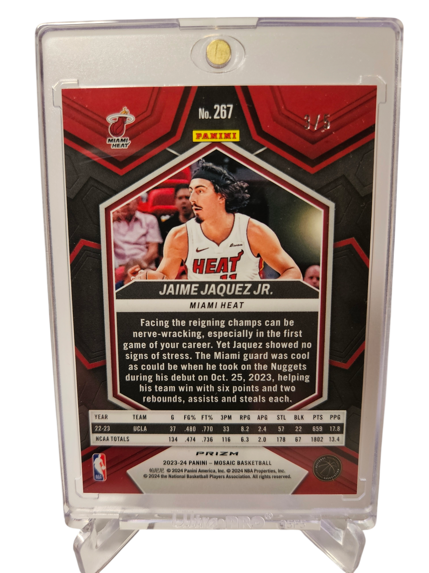 2023-24 Panini Mosaic #267 Jamie Jaquez JR Rookie Card NBA Debut Gold Glitter Prizm 3/5