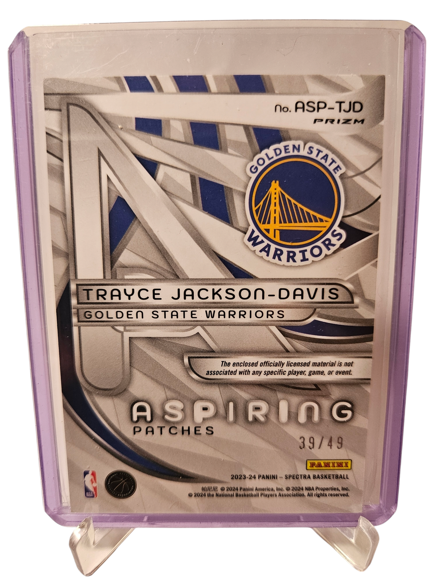 2023-24 Panini Sectra #ASP-TJD Trayce Jackson-Davis Rookie Card Aspiring Patch Cracked Ice Prizm 39/49