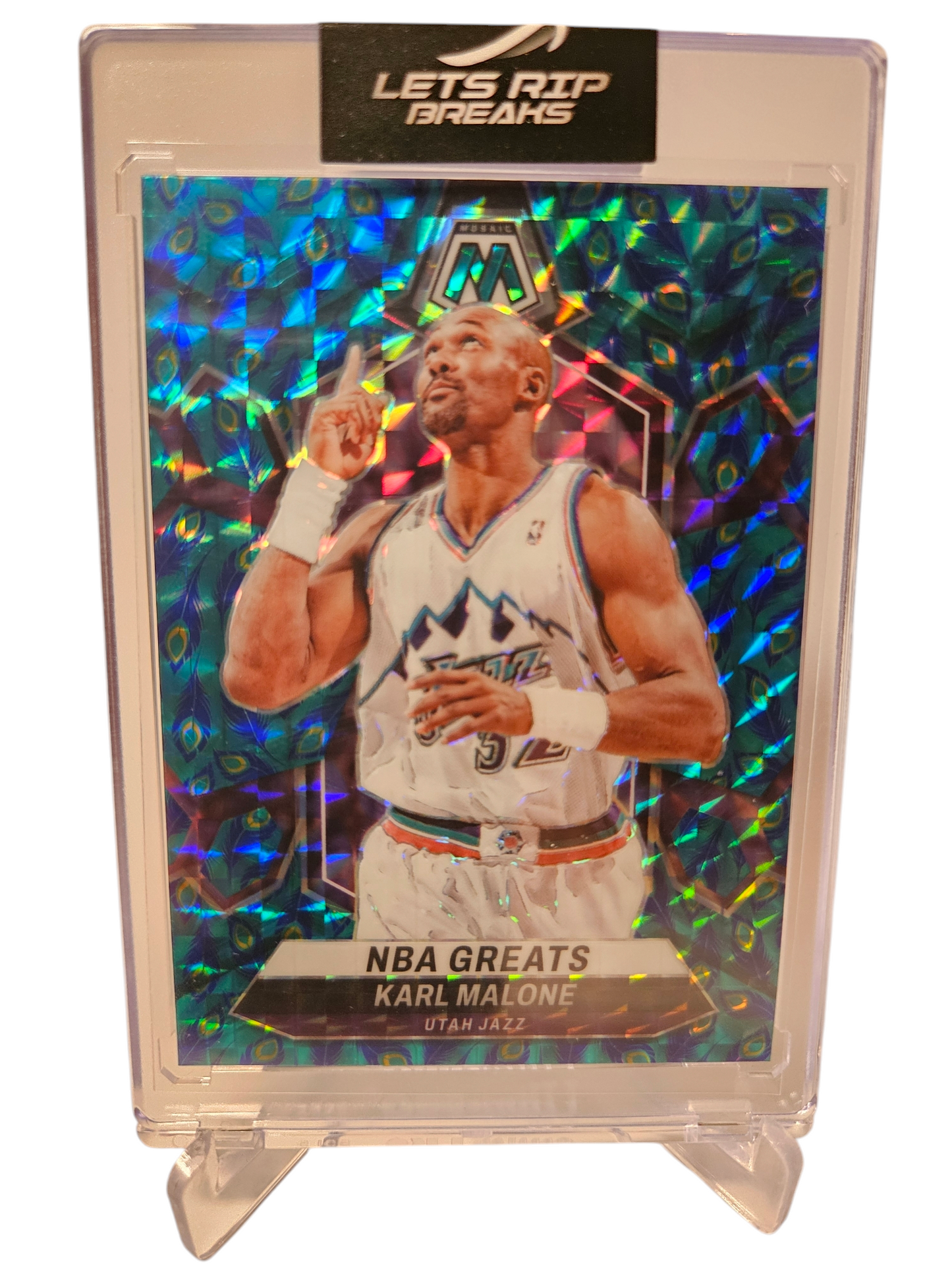 2023-24 Panini Mosaic #297 Karl Malone Peacock Mosaic Prizm Case Hit SSP