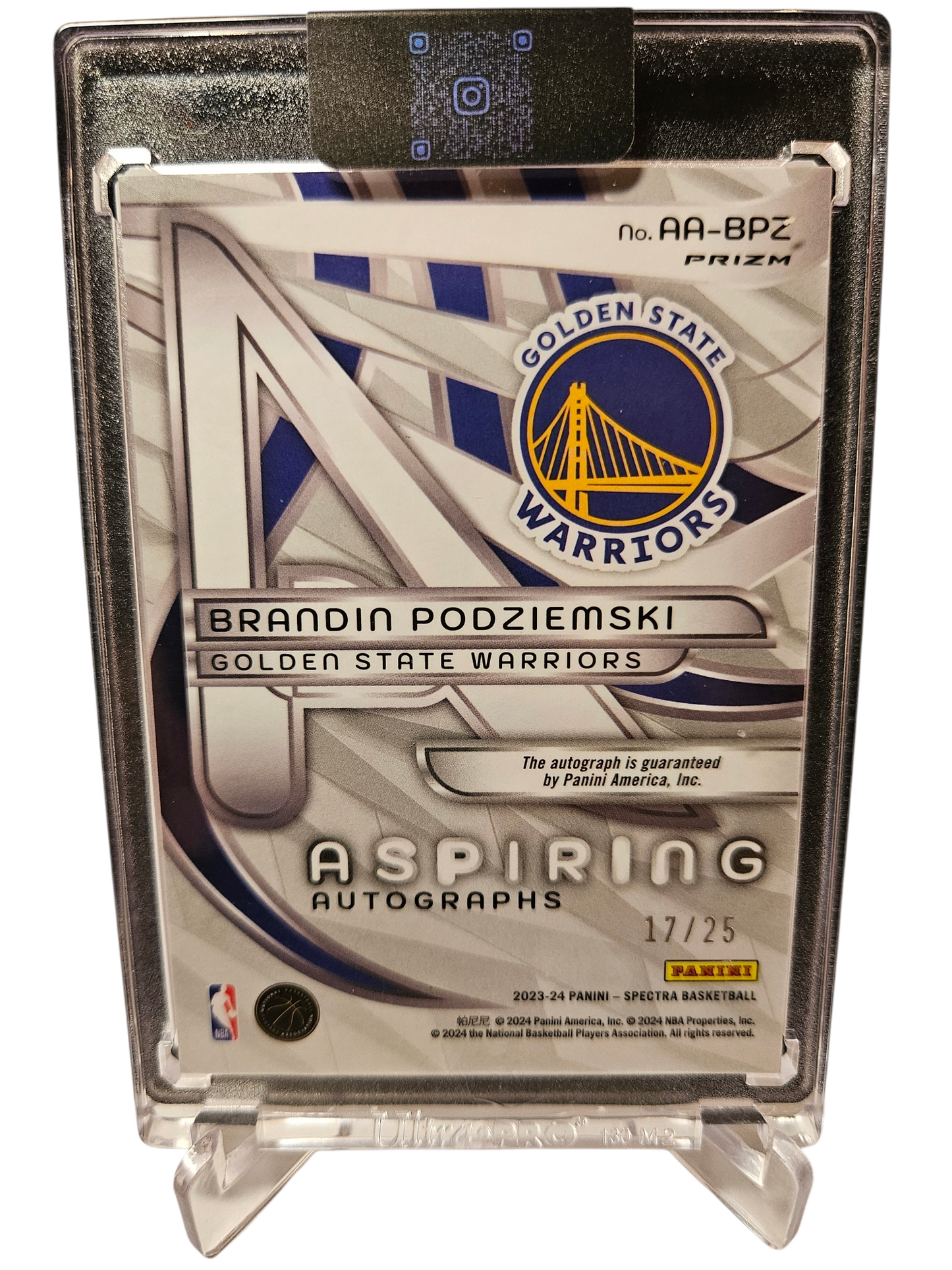 2023-24 Panini Spectra #AA-BPZ Brandin Podziemski Aspiring Autograph Pink Mojo Prizm 17/25