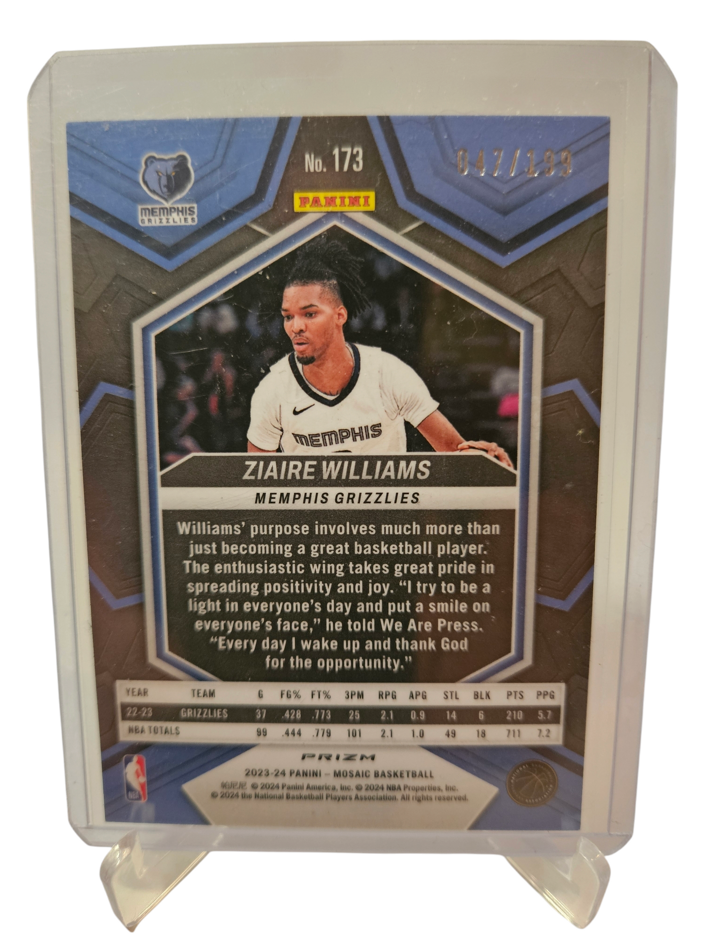 2023-24 Panini Mosaic #173 Ziaire Williams Blue Mosaic Prizm 047/199