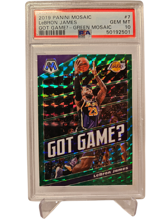 2019-20 Panini Mosaic #7 Lebron James Got Game Green Mosaic Prizm PSA10