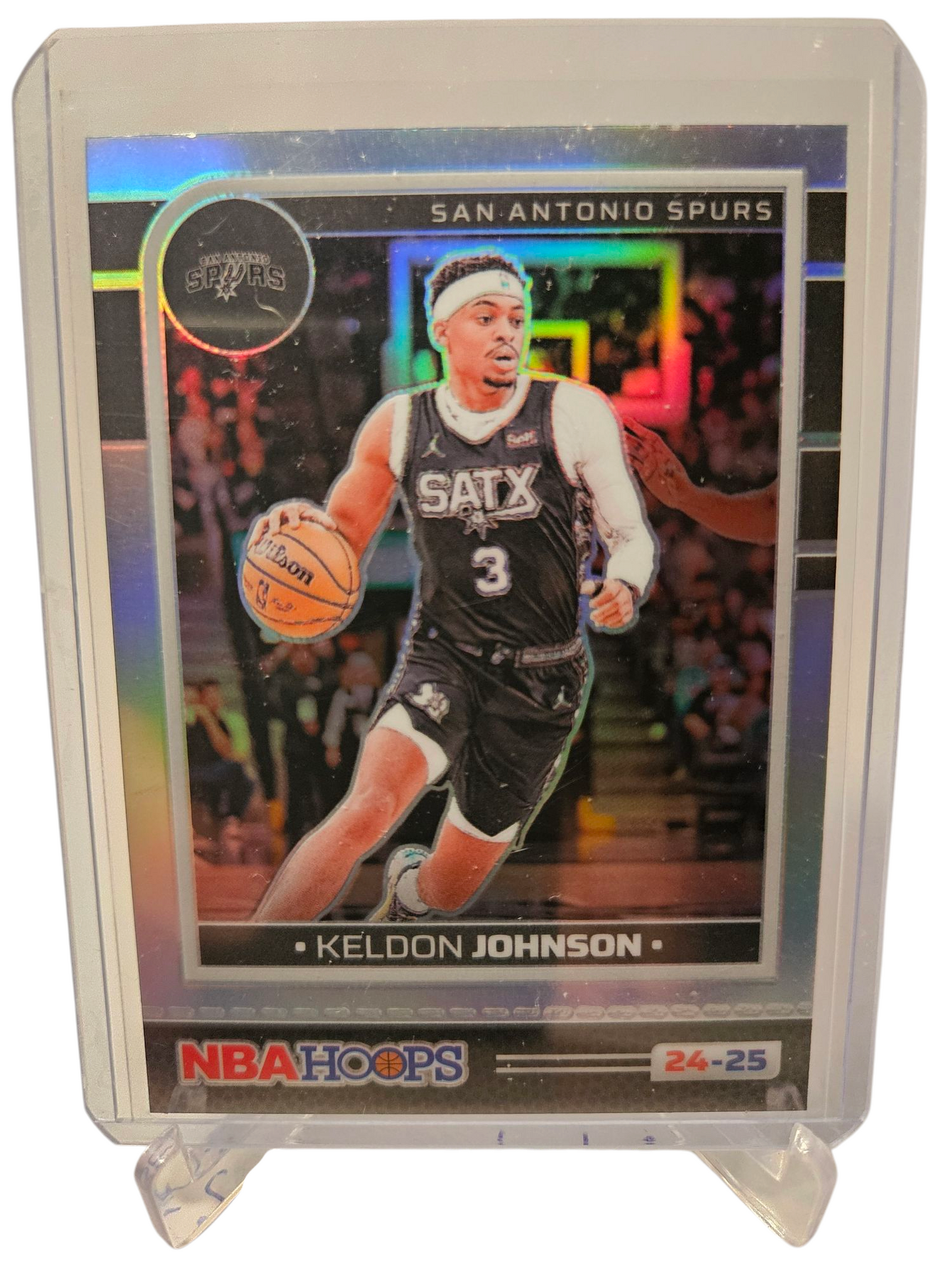 2024-25 Panini Hoops #140 Keldon Johnson Hoops Premium Silver Holo Prizm