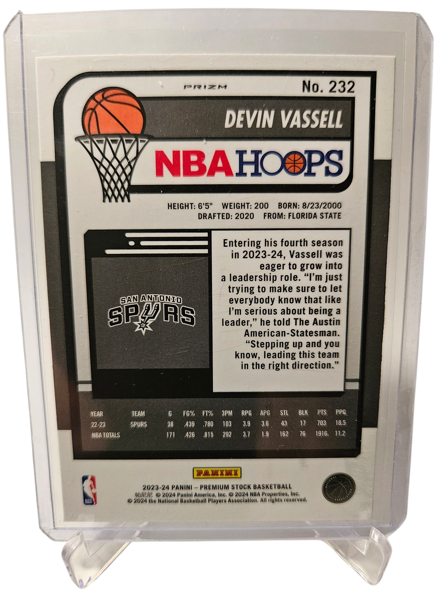 2023-24 Panini Hoops Premium Stock #232 Devin Vassell Silver Cracked Ice Prizm