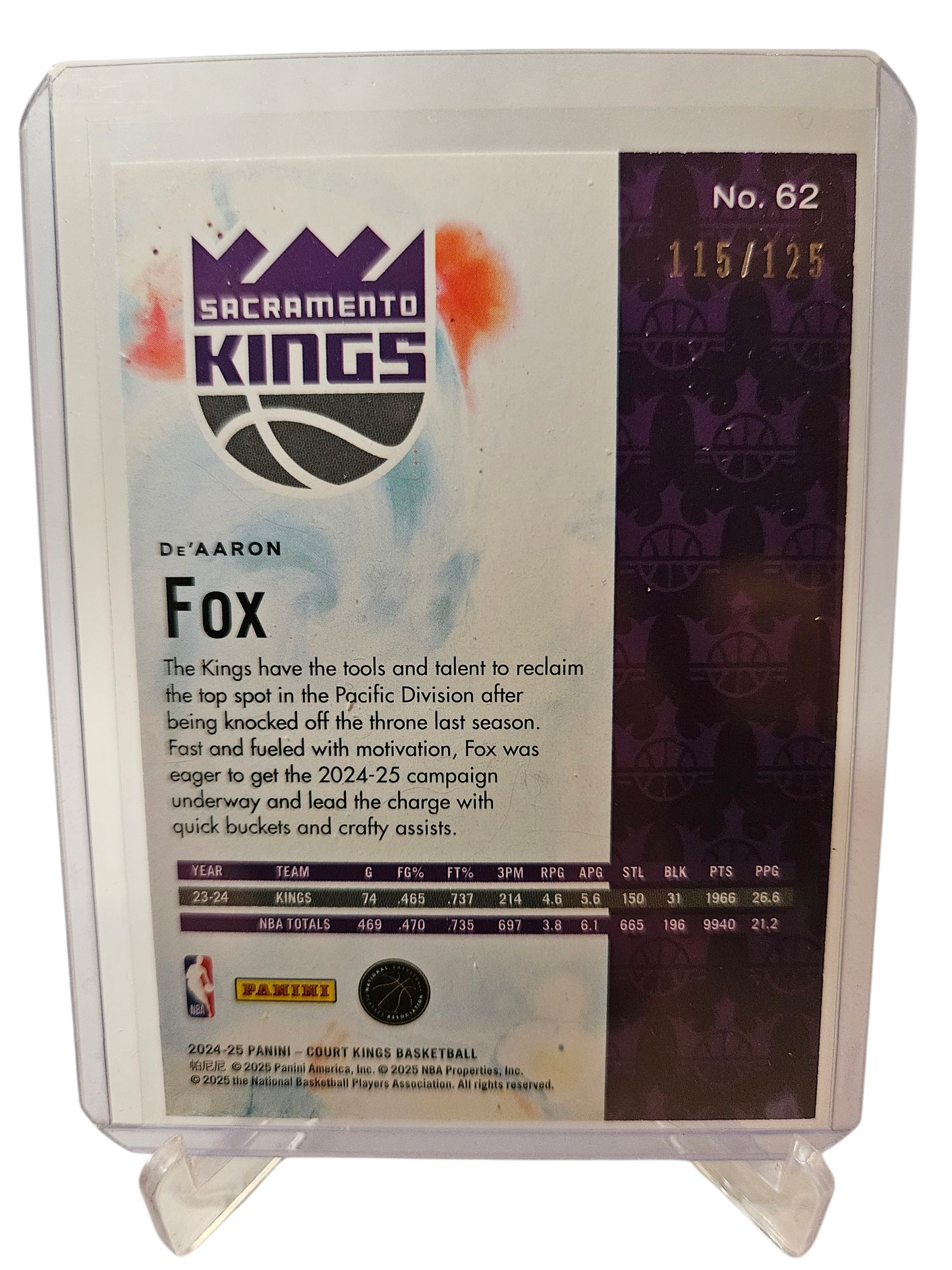 2024-25 Panini Court Kings #62 De'Aaron Fox Red 115/125