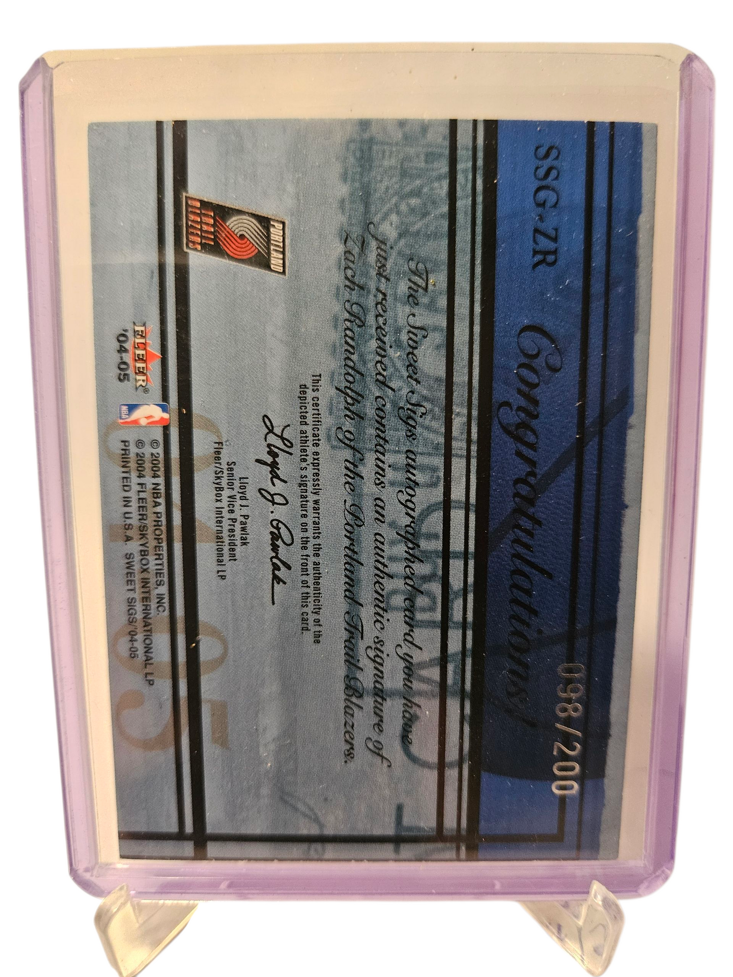 2004 Fleer #SSG-ZR Zach Randolph Sweet Sigs On Card Autograph 098/200