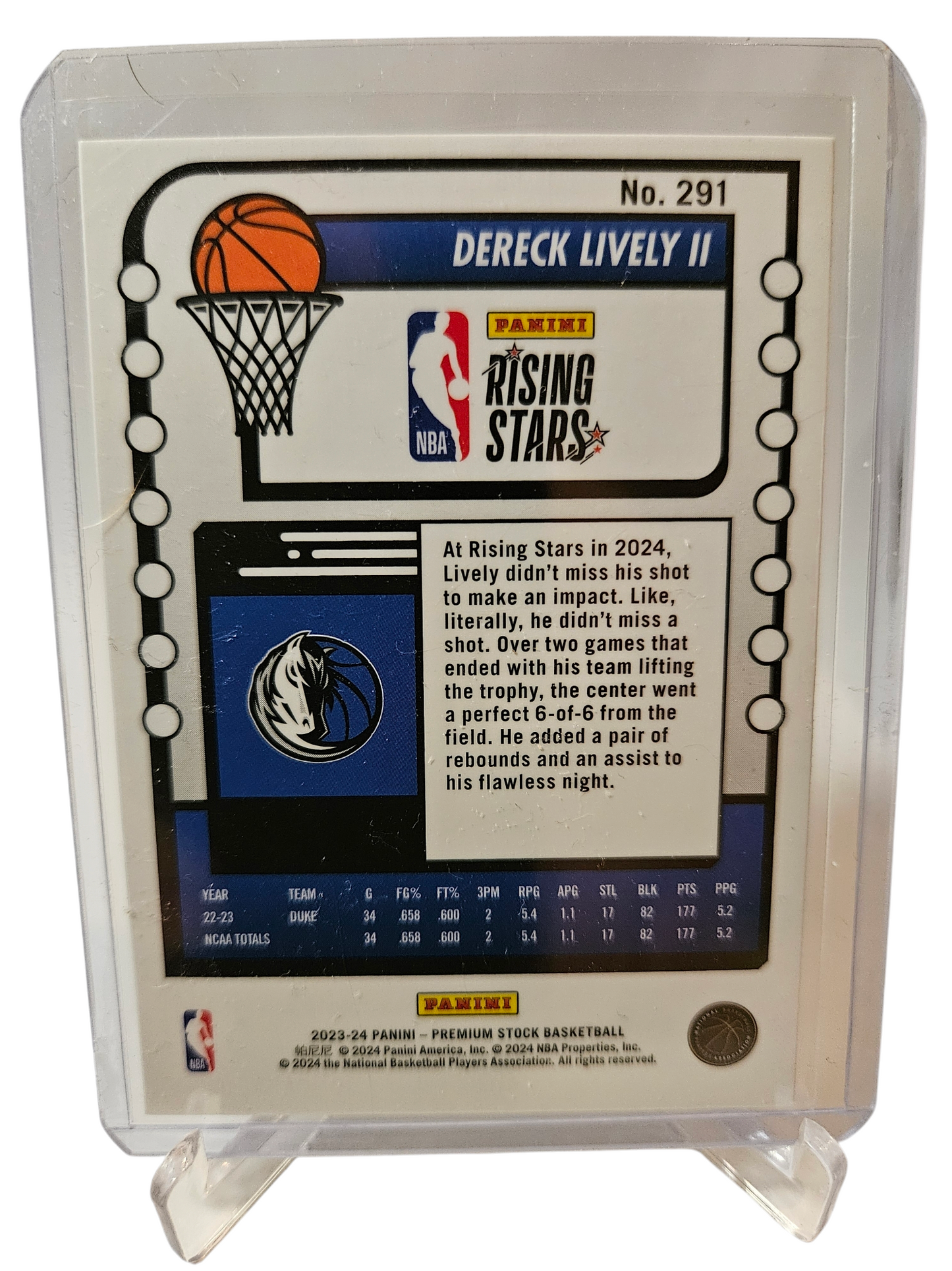 2023-24 Panini Hoops Premium Stock #291 Dereck Lively II Rookie Card Rising Stars