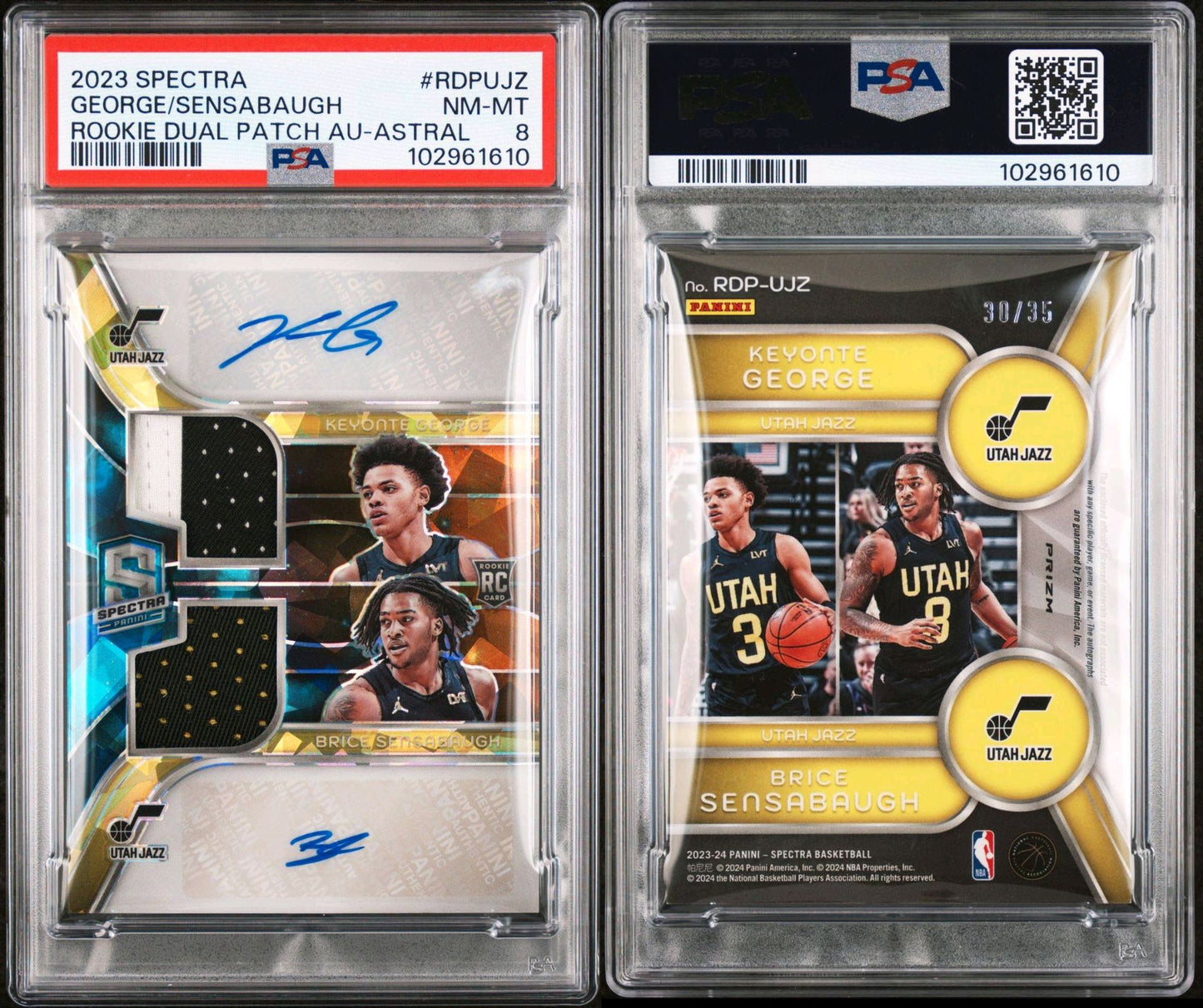 2023-24 Panini Spectra #ROP-UJZ Keyonte George/Brice Sensabaugh RPA Duel Autograph Astral 30/35 PSA8 NM-MT