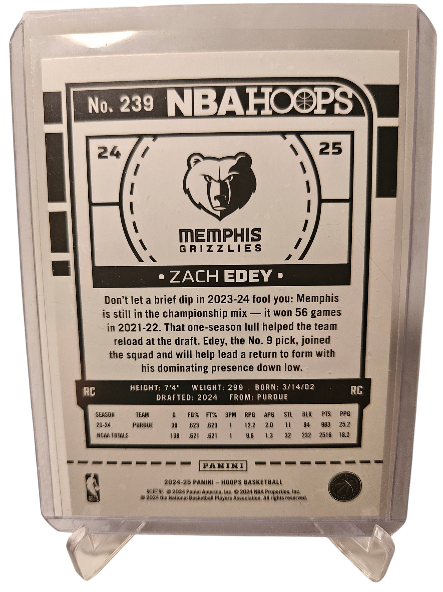 2024-25 Panini Hoops #239 Zach Edey Rookie Card