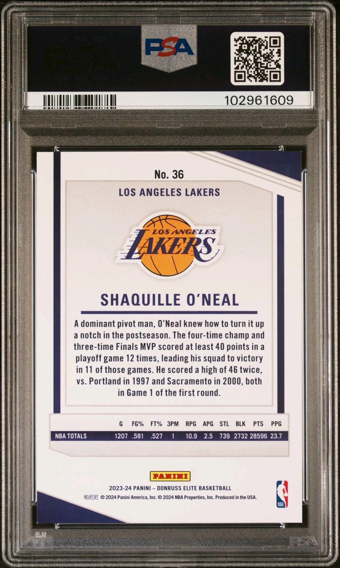 2023-24 Panini Donruss Elite #36 Shaquille O'Neal Gold 01/10 PSA8 NM-MT