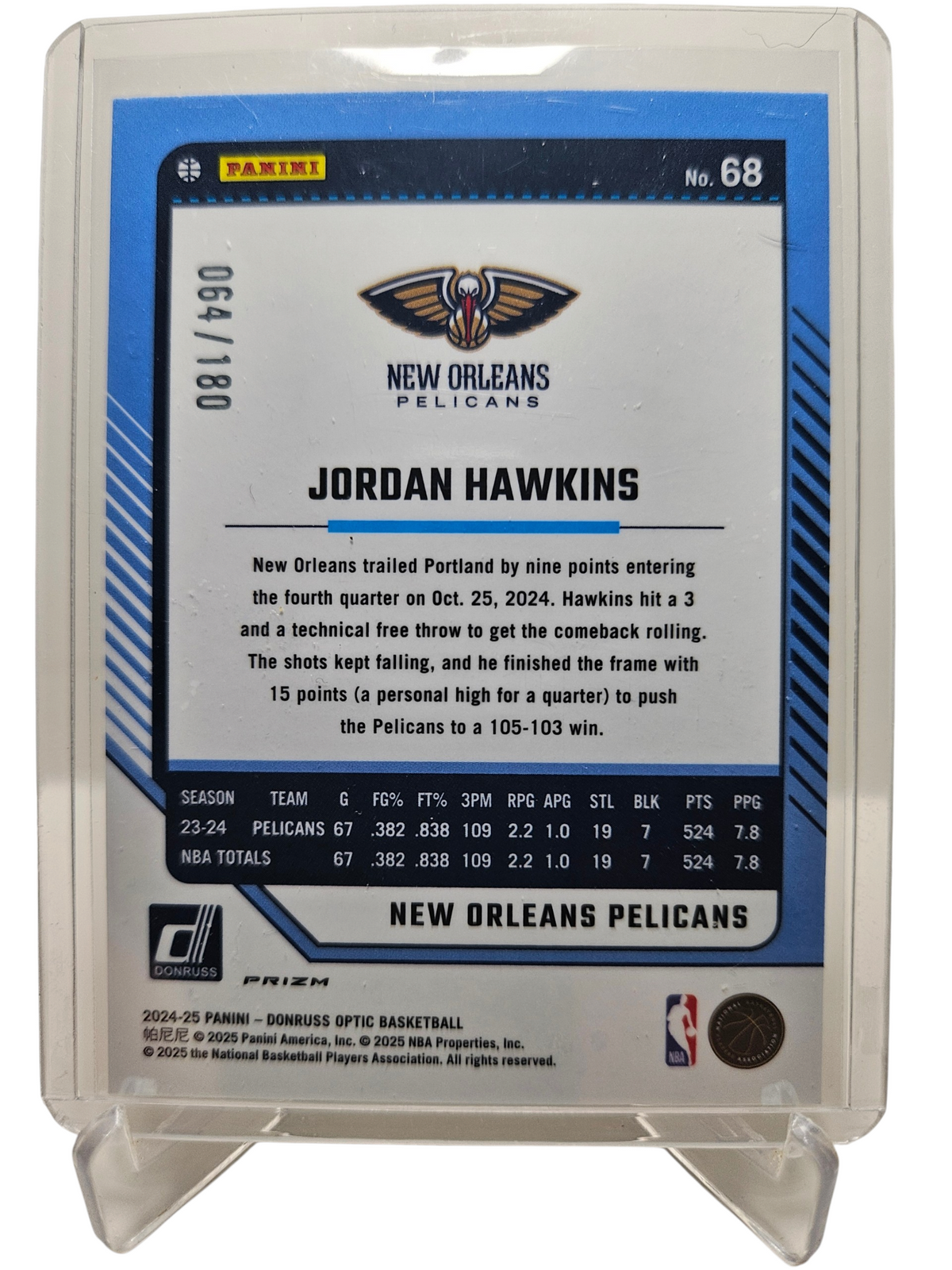 2024-25 Panini Donruss Optic (Sparkle Pack) #68 Jordan Hawkins Blue Sparkle Prizm 064/180