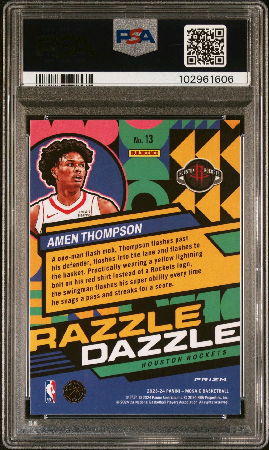 2023-24 Panini Mosaic #13 Amen Thompson Rookie Card Razzle Dazzle SP PSA9 Mint