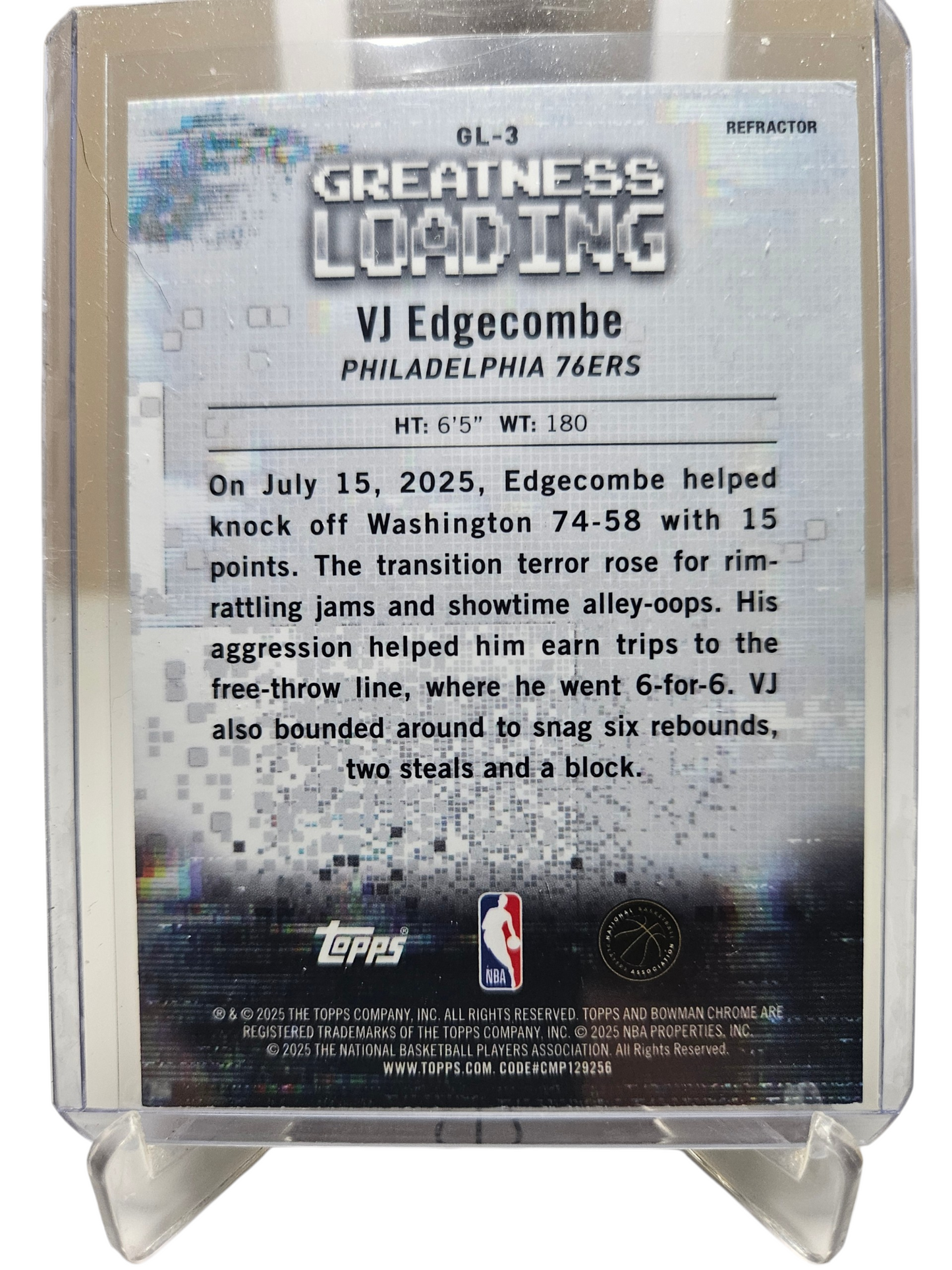 2025 Topps Bowman Chrome  #GL-3  VJ Edgecombe Rookie Card Greatness Loading Refractor