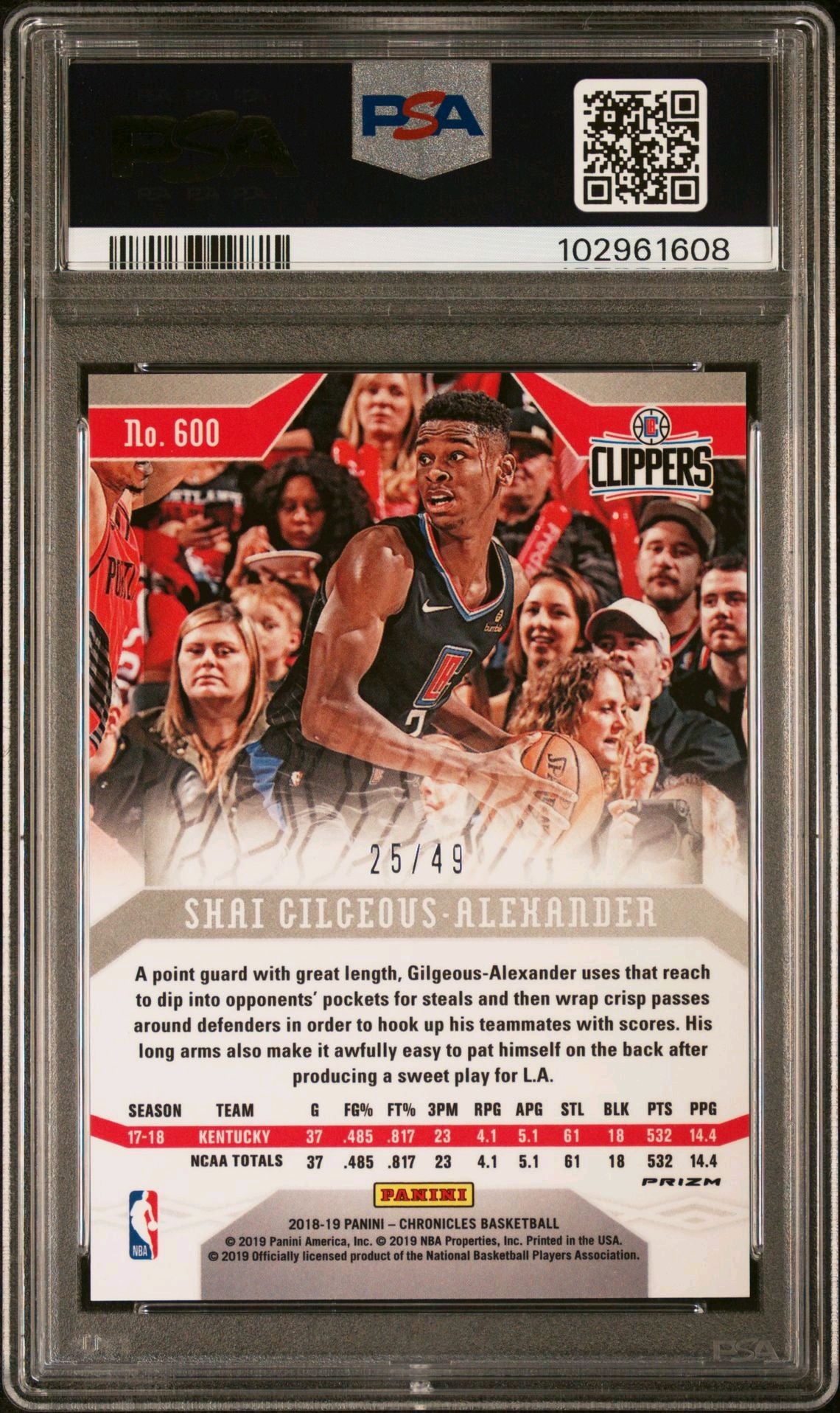 2018-19 Panini Chronicles #600 Shai Gilgeous-Alexander Rookie Card Purple Prizm 25/49 PSA10 Gem MInt