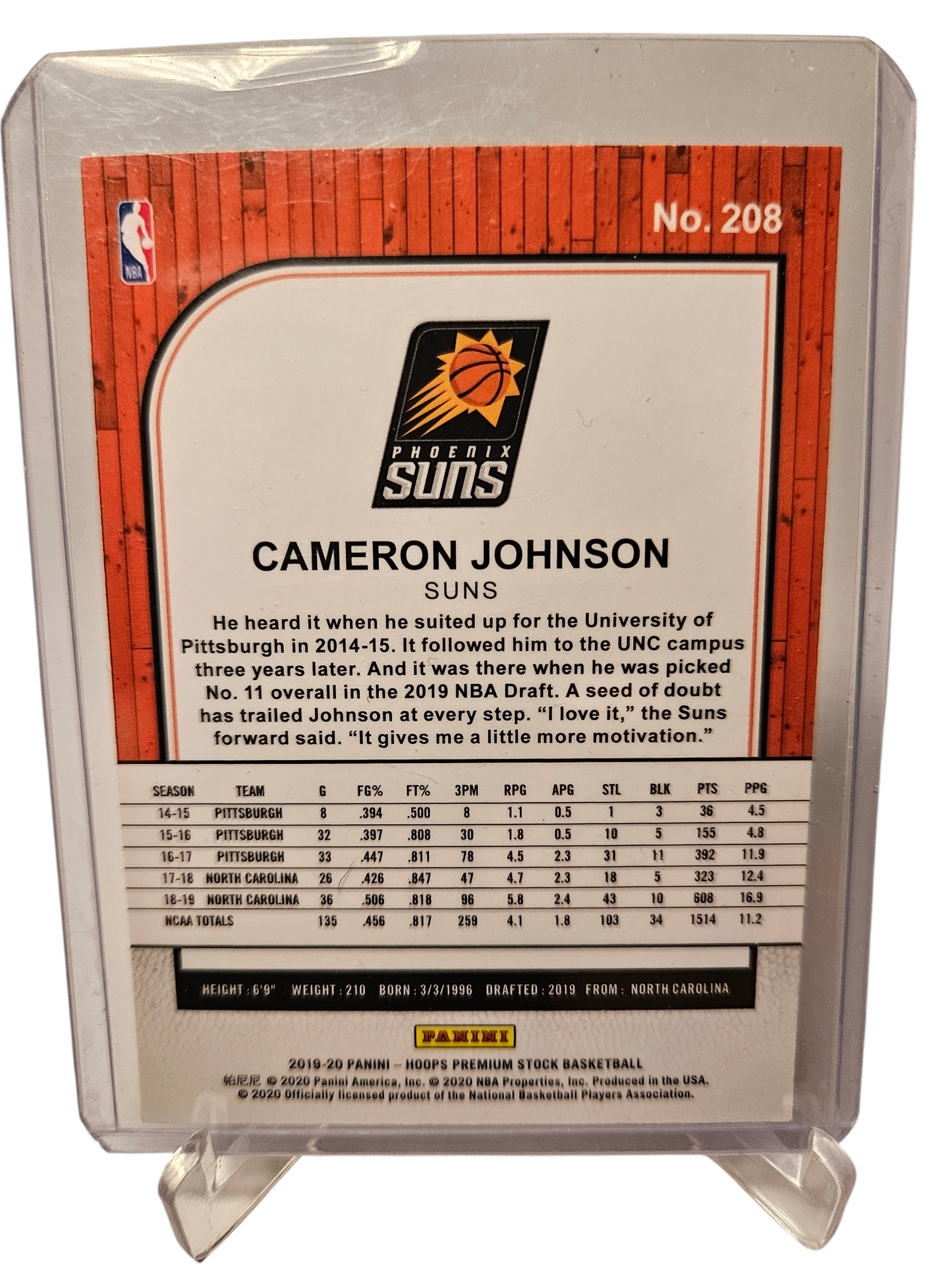 2019-20 Panini Hoops Premium Stock #208 Cameron Johnson Rookie Card