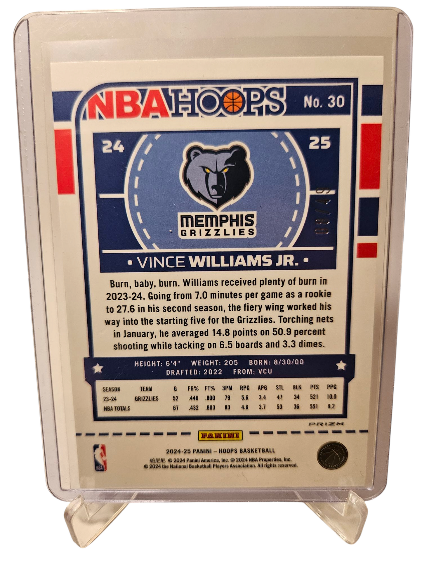 2024-25 Panini Hoops #30 Vince Williams JR Blue Holo 08/49