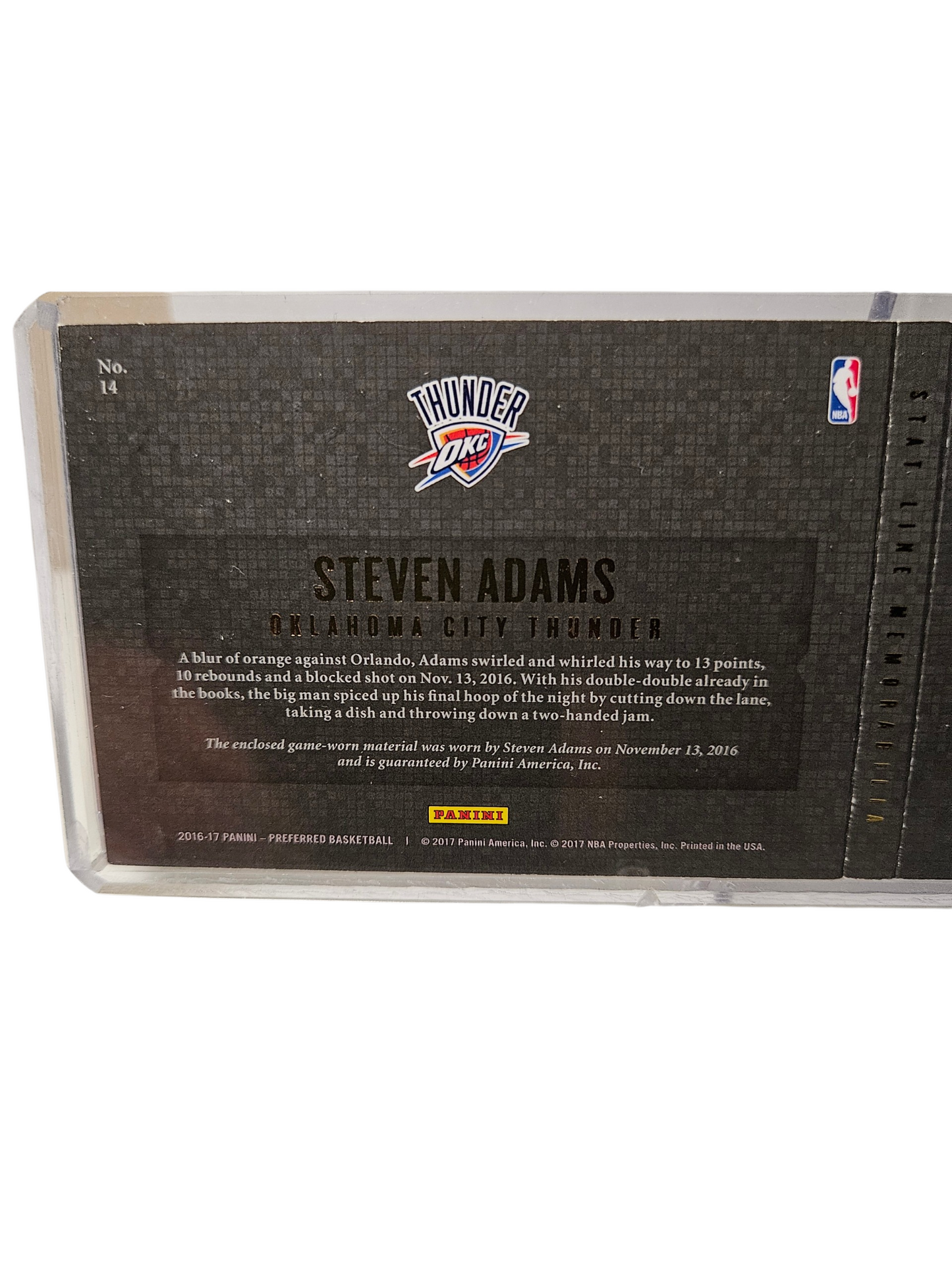 2016-17 Panini Preferred #14 Steven Adams Stat Line Memorabilia Booklet Game Worn Patch November 13th 2016 101/149