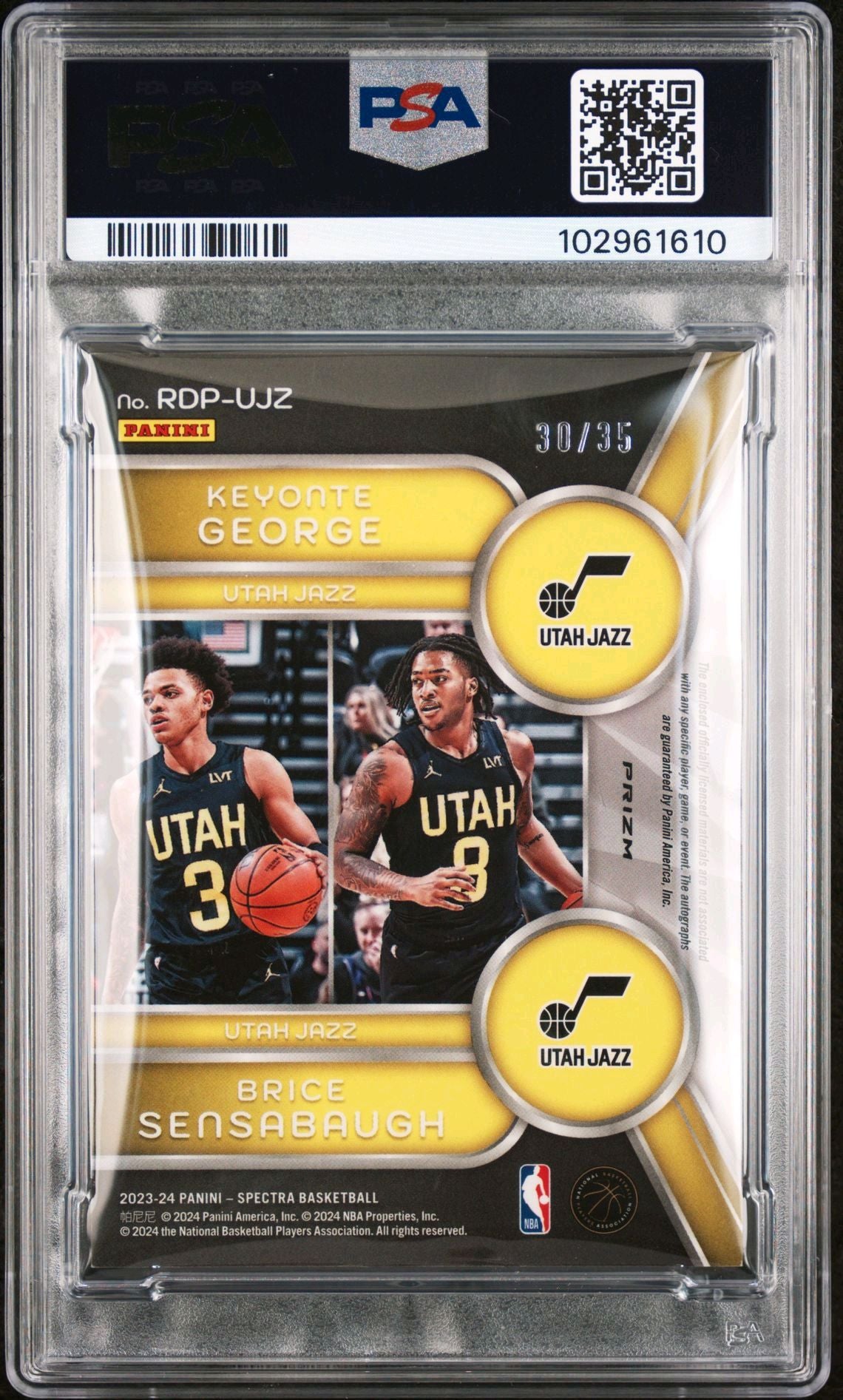 2023-24 Panini Spectra #ROP-UJZ Keyonte George/Brice Sensabaugh RPA Duel Autograph Astral 30/35 PSA8 NM-MT