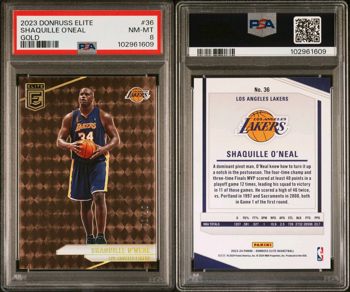 2023-24 Panini Donruss Elite #36 Shaquille O'Neal Gold 01/10 PSA8 NM-MT