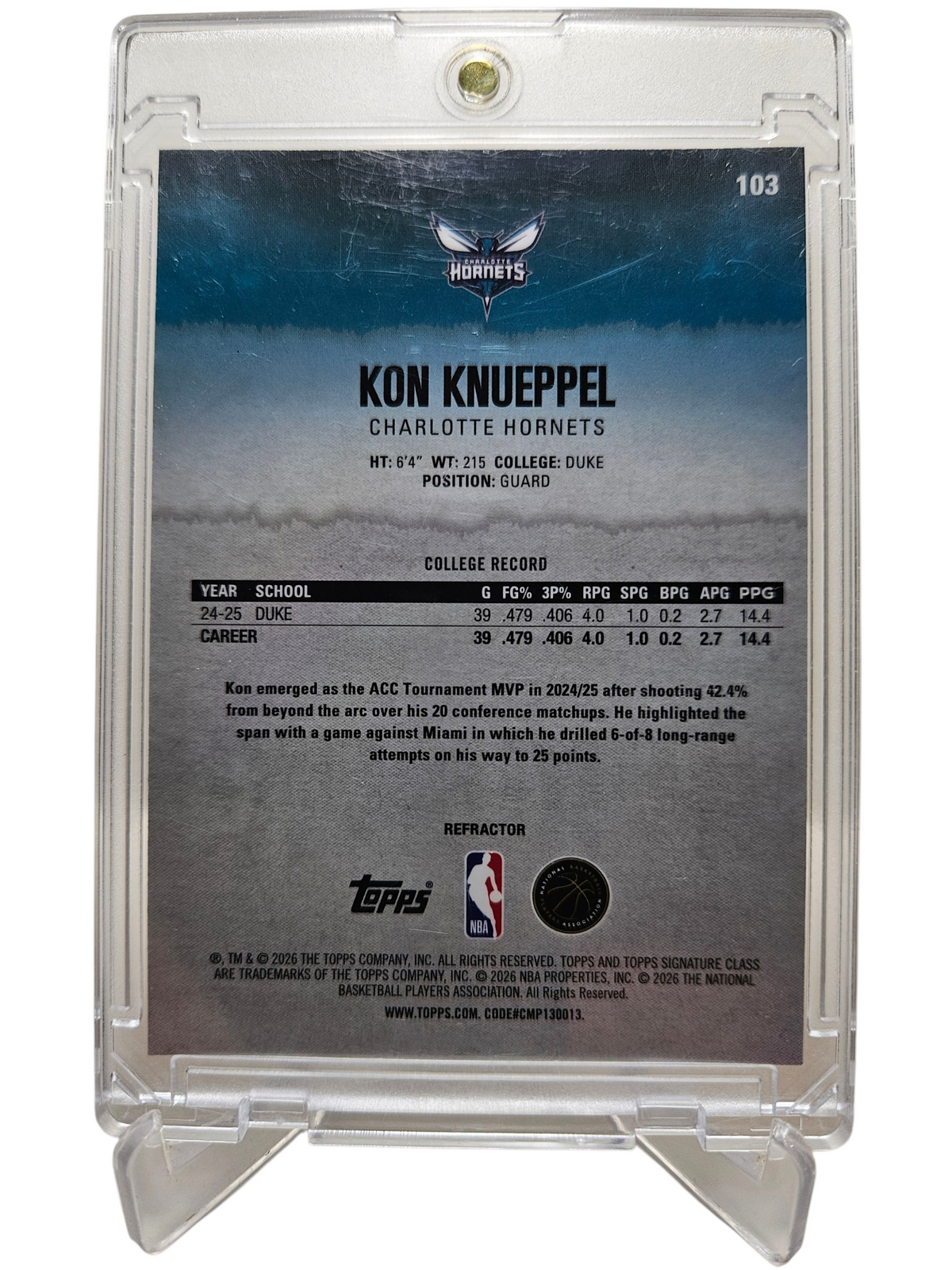 2025-26 Topps Signature Class #103 Kon Knueppel Rookie Card Refractor