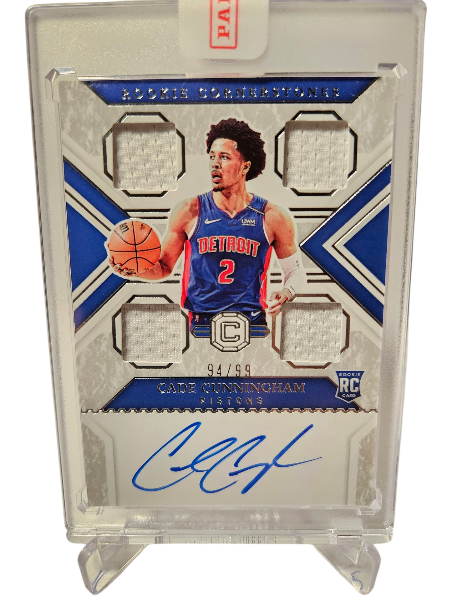 2021-22 Panini Chronicles Cornerstones #RCO-CCU Cade Cunningham Rookie Cornerstones Quad Patch On Card Autograph True RPA 94/99