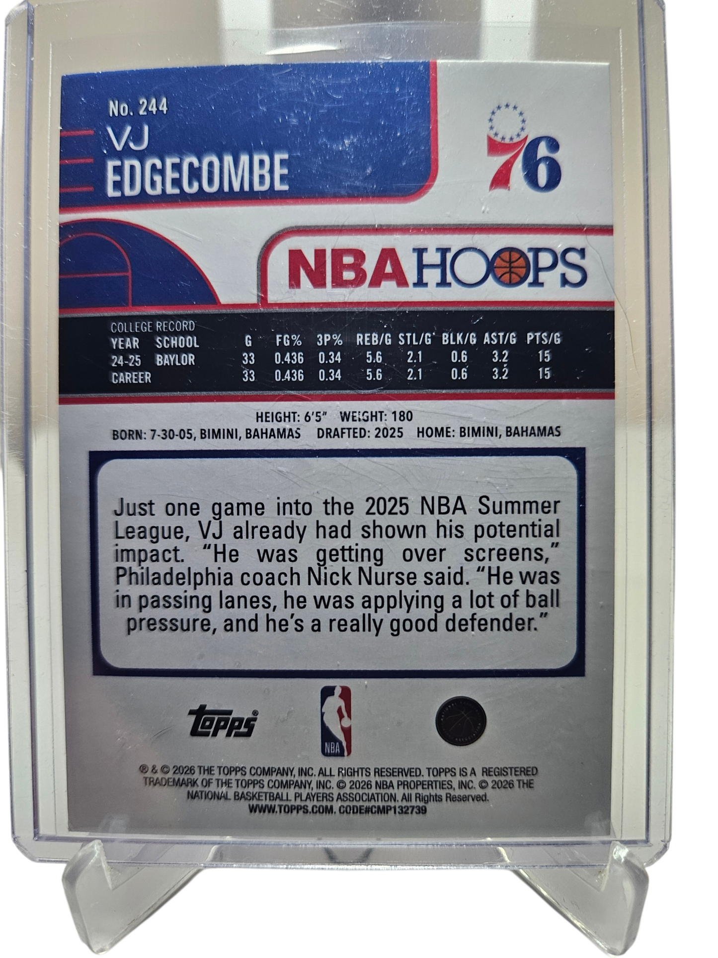 2025-26 Topps Hoops #244 VJ Edgecombe Rookie Card