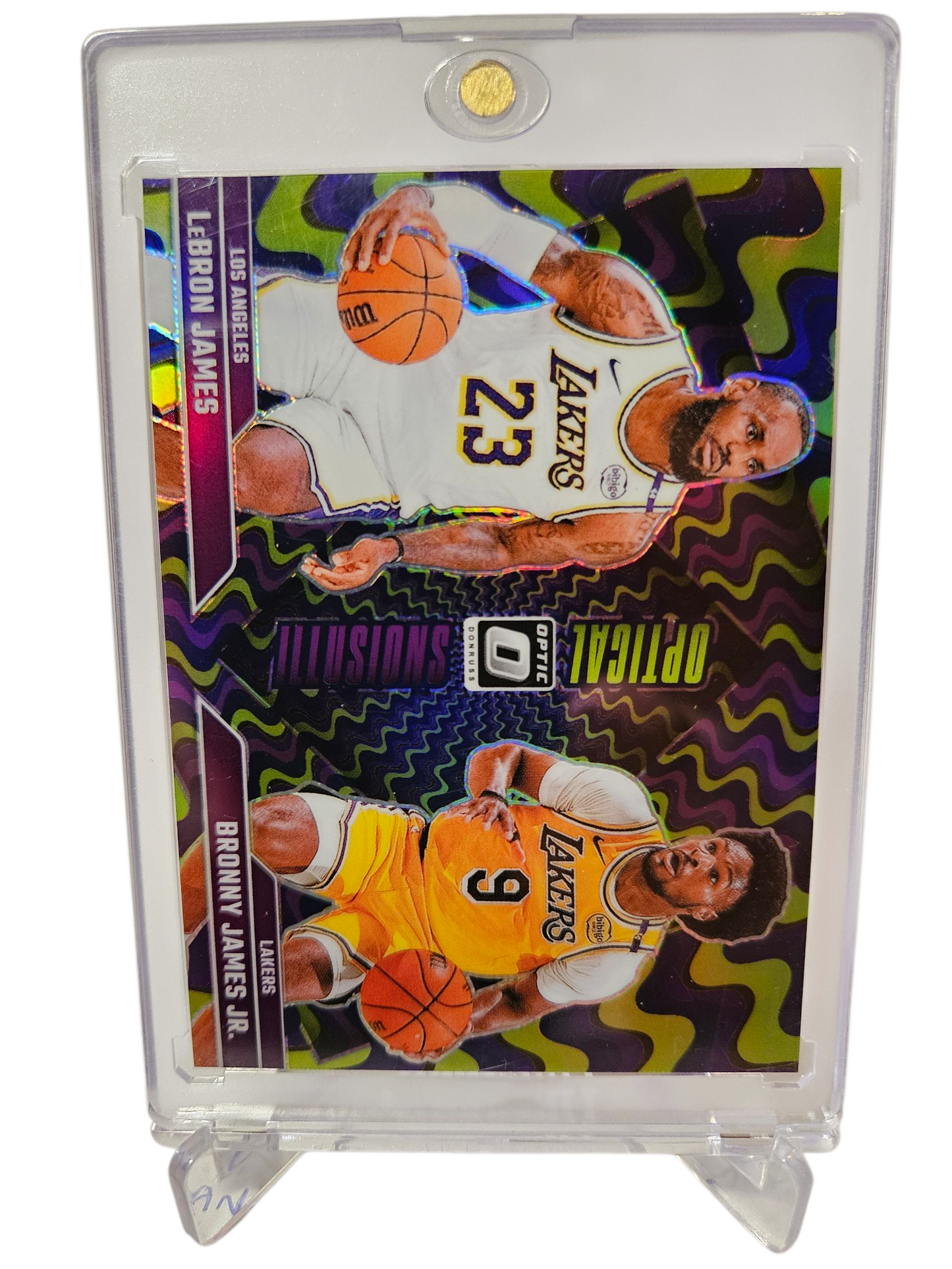 2024-25 Panini Donruss Optic #2 Lebron James/Bronny James Optical Illusions Purple Holo Prizm