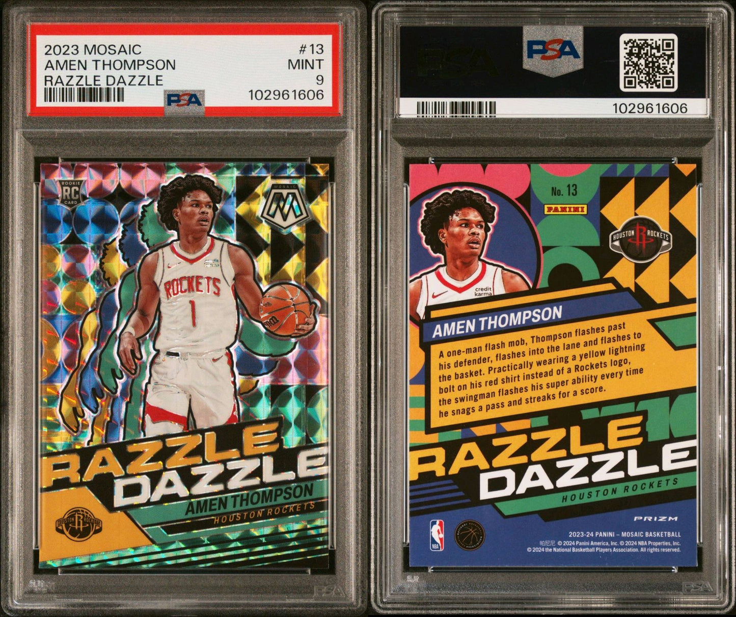 2023-24 Panini Mosaic #13 Amen Thompson Rookie Card Razzle Dazzle SP PSA9 Mint