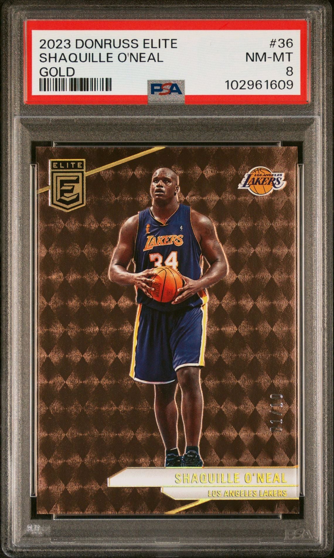 2023-24 Panini Donruss Elite #36 Shaquille O'Neal Gold 01/10 PSA8 NM-MT
