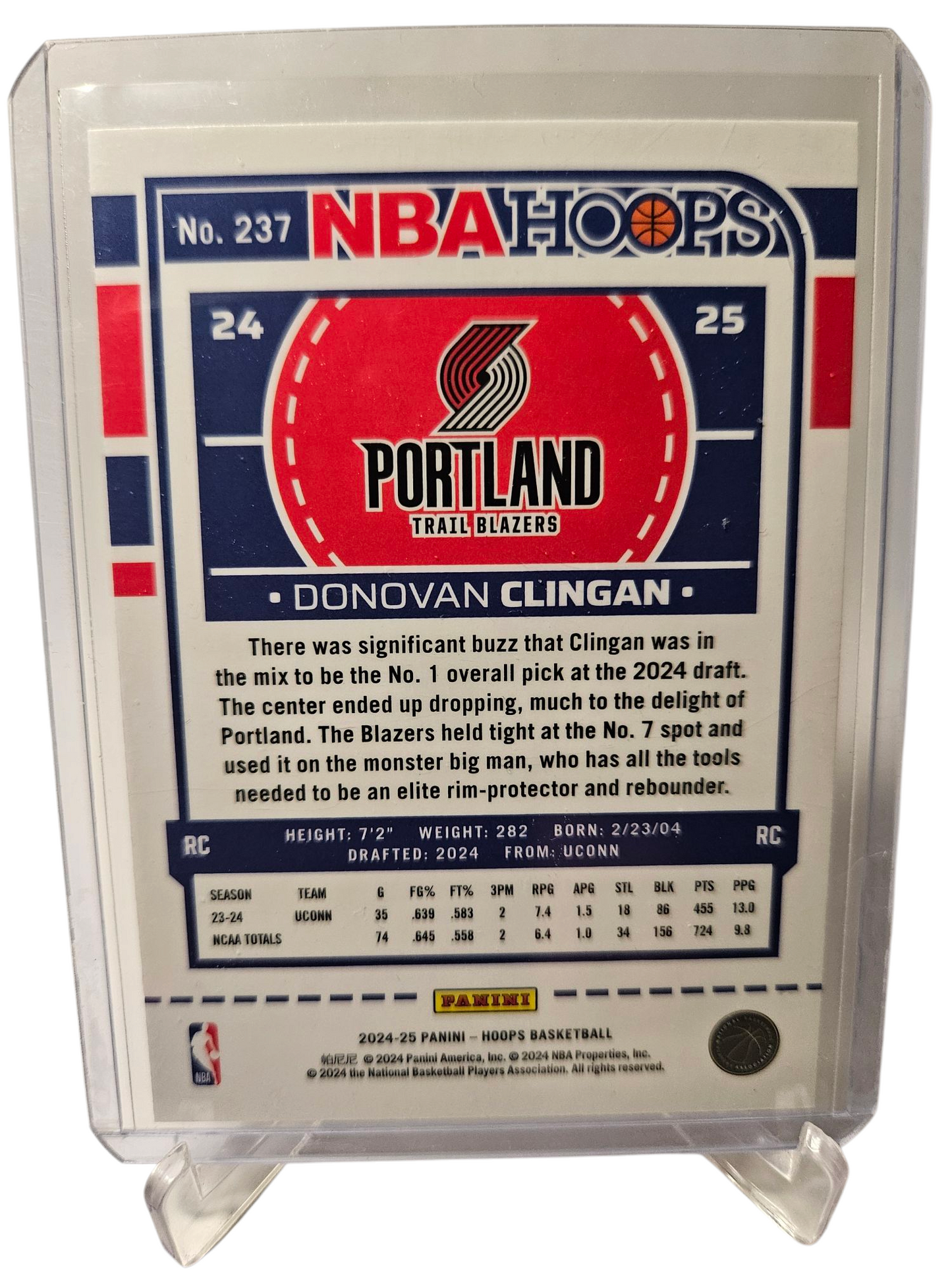2024-25 Panini Hoops #237 Donovan Clingan Rookie Card Hoops Premium