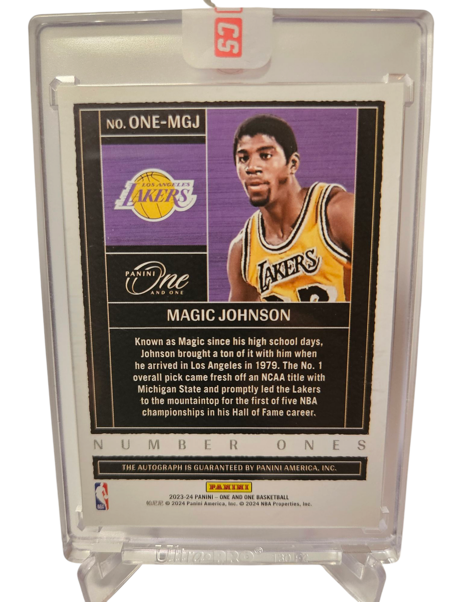 2023-24 Panini One and One #8 Magic Johnson Number Ones Red On Card Autograph 08/25