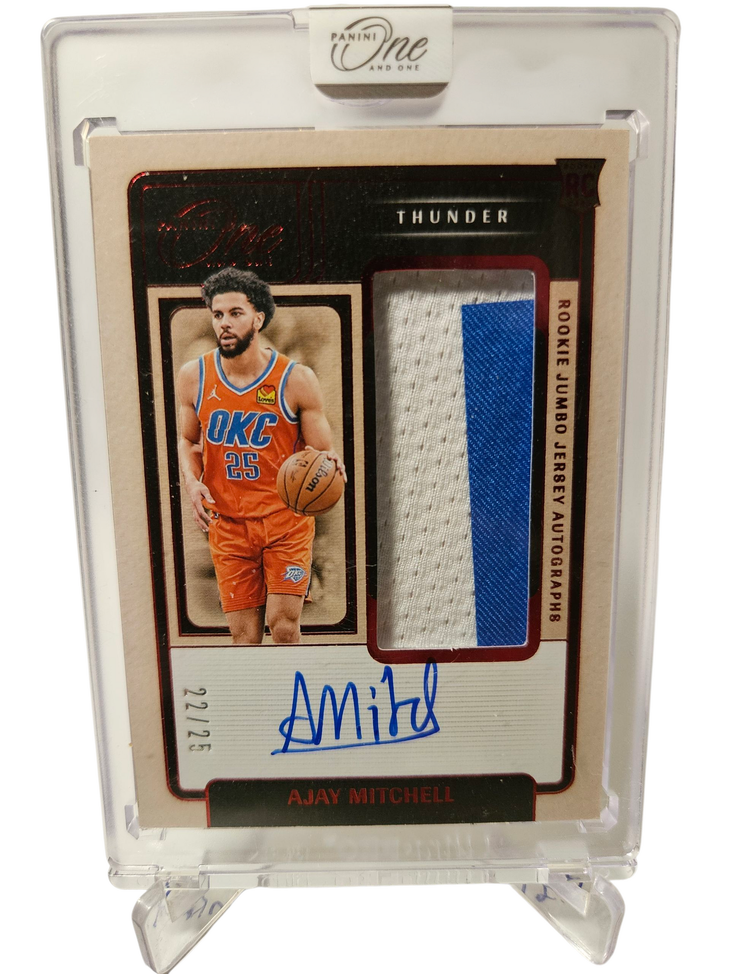 2024-25 Panini One And One #RJJ-AJY Ajay Mitchell Rookie Jumbo Jersey On Card Autograph Red 22/25