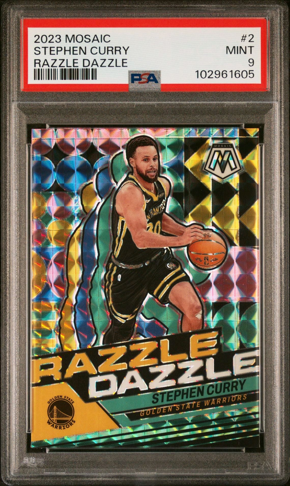 2023-24 Panini Mosaic #2 Stephen Curry Razzle Dazzle Mosaic Prizm SP PSA9 Mint