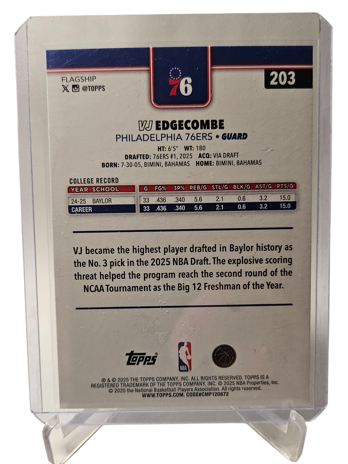 2025 Topps #203 VJ Edgecombe Rookie Card