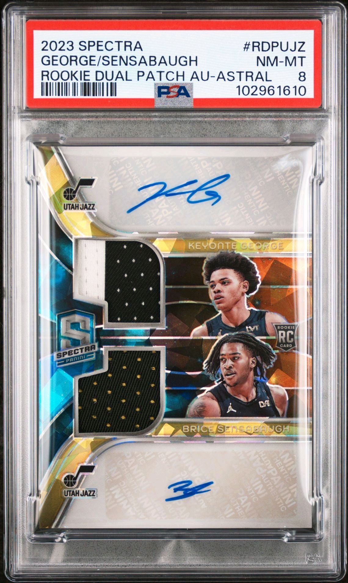 2023-24 Panini Spectra #ROP-UJZ Keyonte George/Brice Sensabaugh RPA Duel Autograph Astral 30/35 PSA8 NM-MT