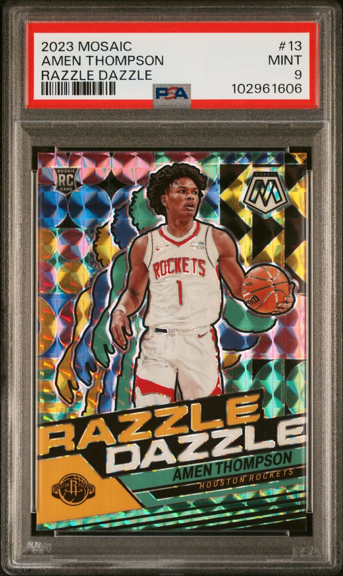 2023-24 Panini Mosaic #13 Amen Thompson Rookie Card Razzle Dazzle SP PSA9 Mint