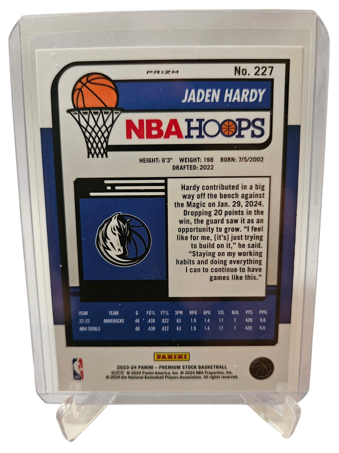 2023-24 Panini Hoops Premium Stock #227 Jaden Hardy Silver Holo Prizm