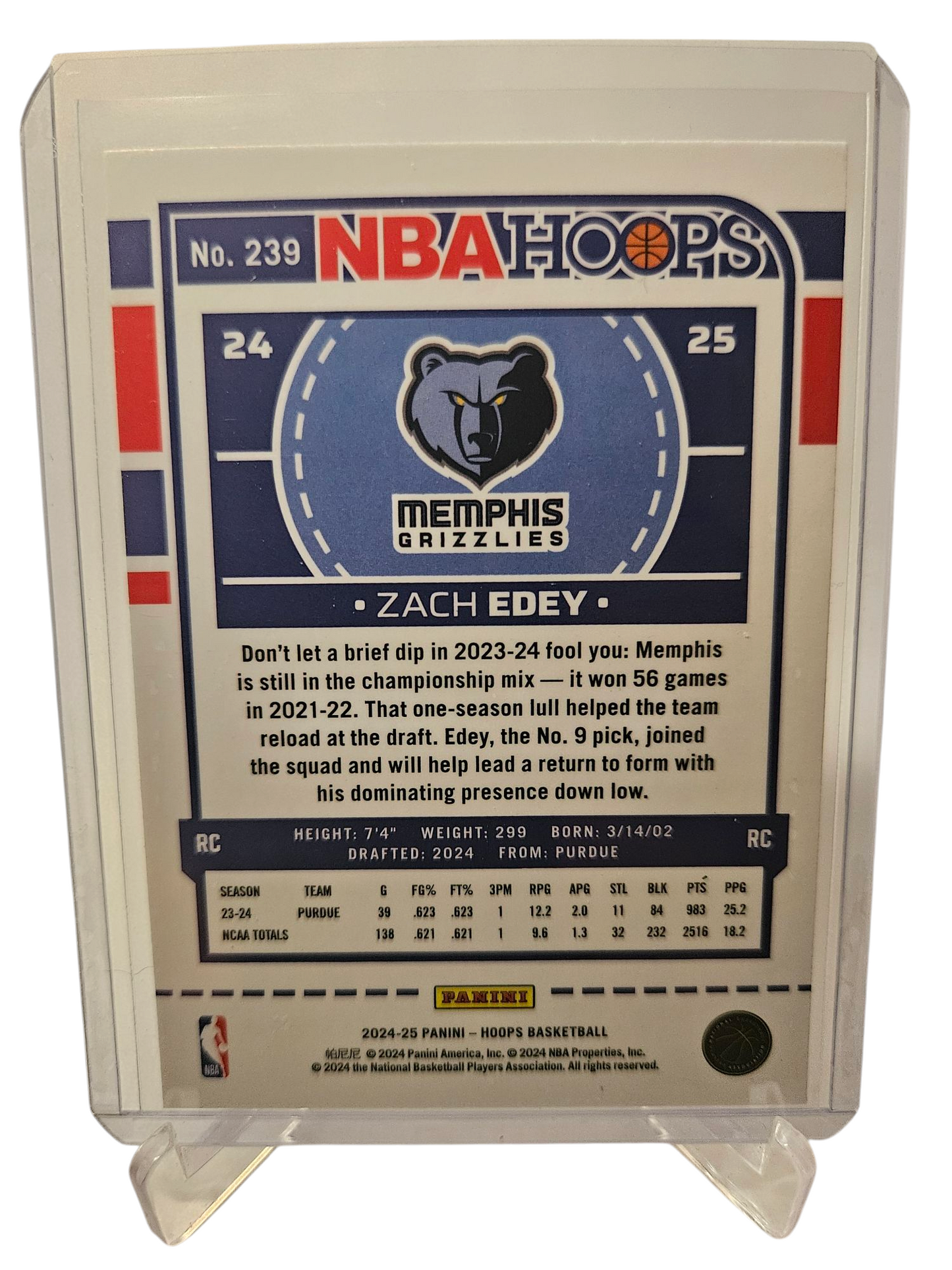 2024-25 Panini Hoops #239 Zach Edey Rookie Card Premium