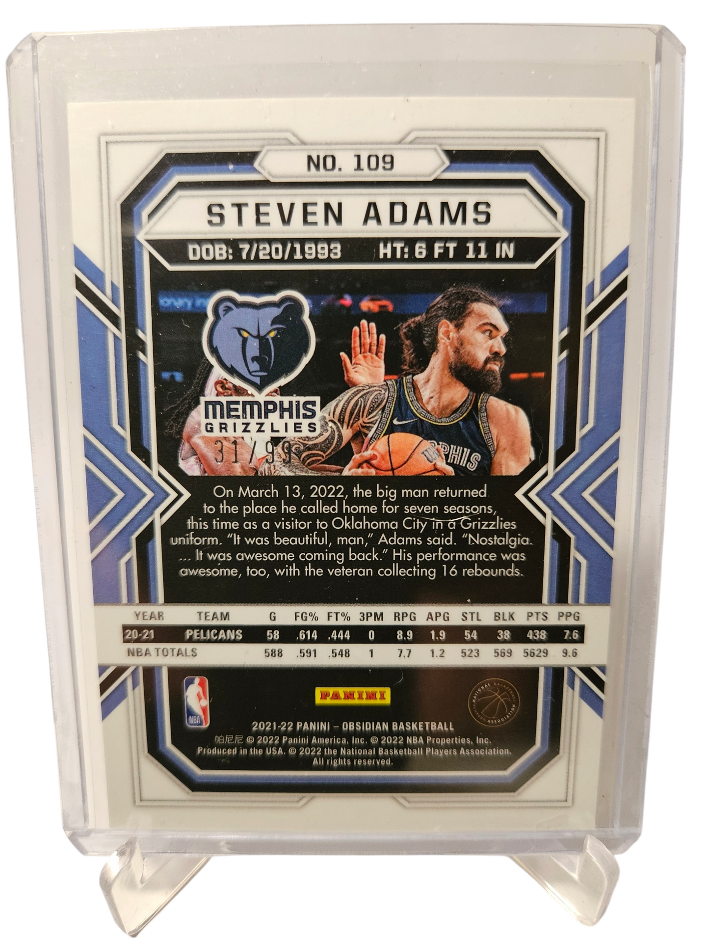 2021-22 Panini Obsidian #109 Steven Adams Purple Etch 31/99