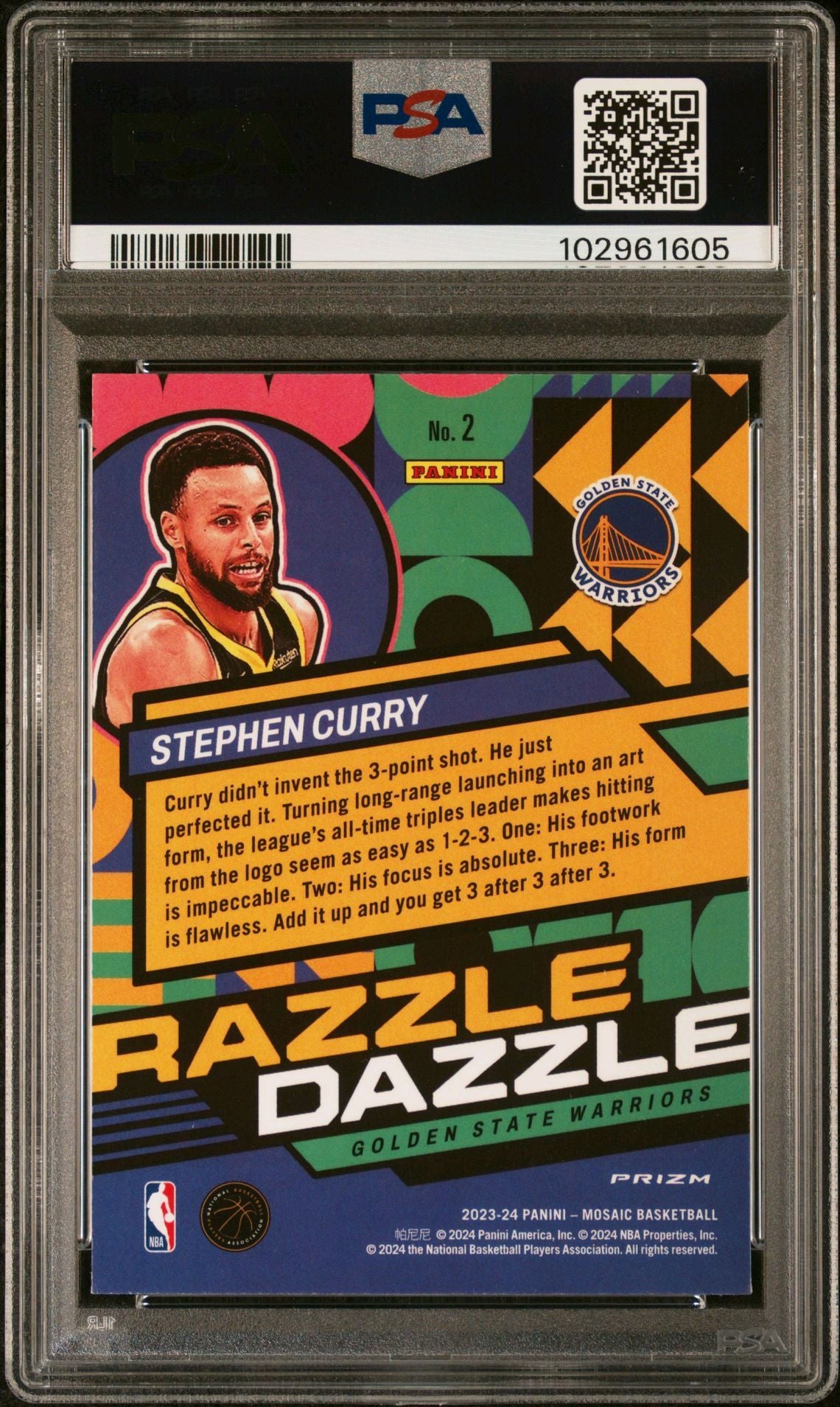 2023-24 Panini Mosaic #2 Stephen Curry Razzle Dazzle Mosaic Prizm SP PSA9 Mint