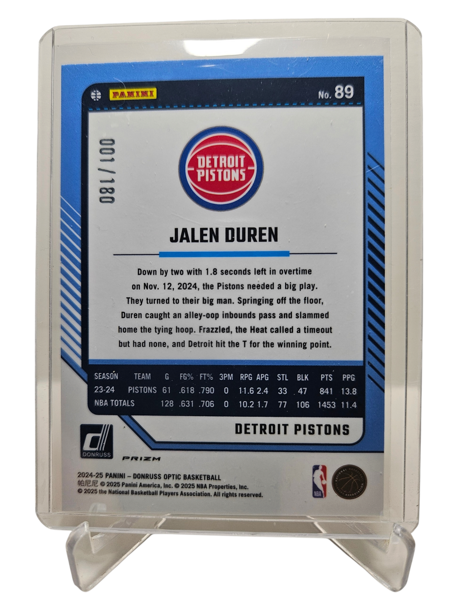 2024-25 Panini Donruss Optic (Sparkle Pack) #89 Jalen Duren Blue Sparkle Prizm 001/180